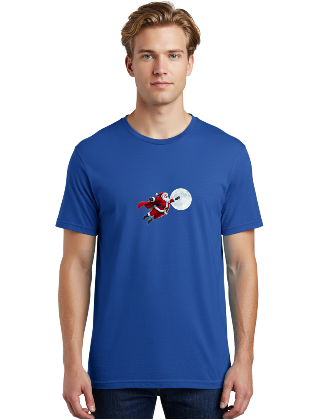Santa-Claus-1 Men'S Graphic Tee, 100% Cotton, Comfortable Casual Summer Wear, Machine Washable, Santa Claus Flying Through Space, Holding A Gun, Full Moon, Christmas Icon, Festive Character, Holiday Cheer, Jolly Old Man, Gift Giving, Red Suit, Bac391