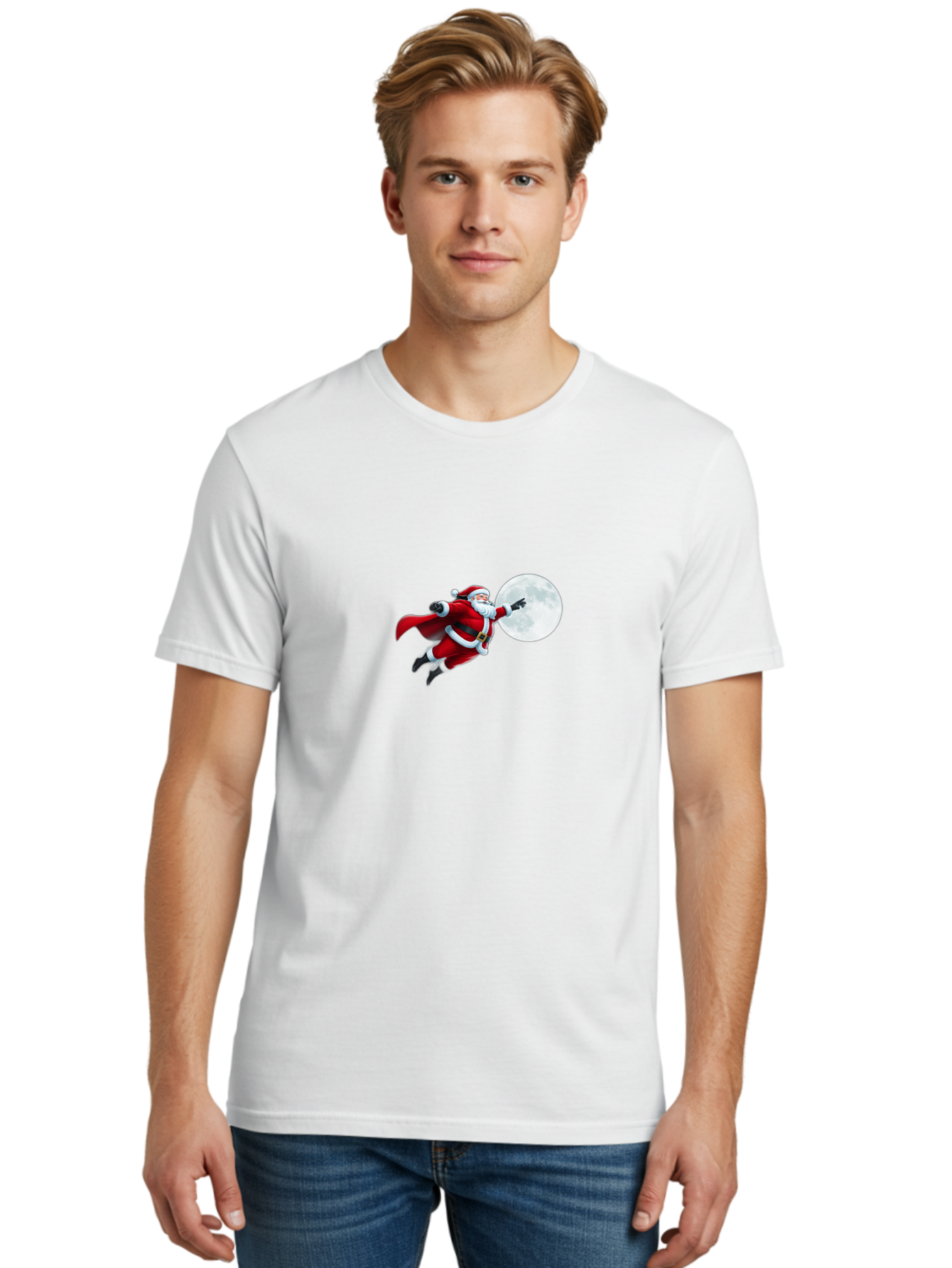 Santa-Claus-1 Men'S Graphic Tee, 100% Cotton, Comfortable Casual Summer Wear, Machine Washable, Santa Claus Flying Through Space, Holding A Gun, Full Moon, Christmas Icon, Festive Character, Holiday Cheer, Jolly Old Man, Gift Giving, Red Suit, Bac391