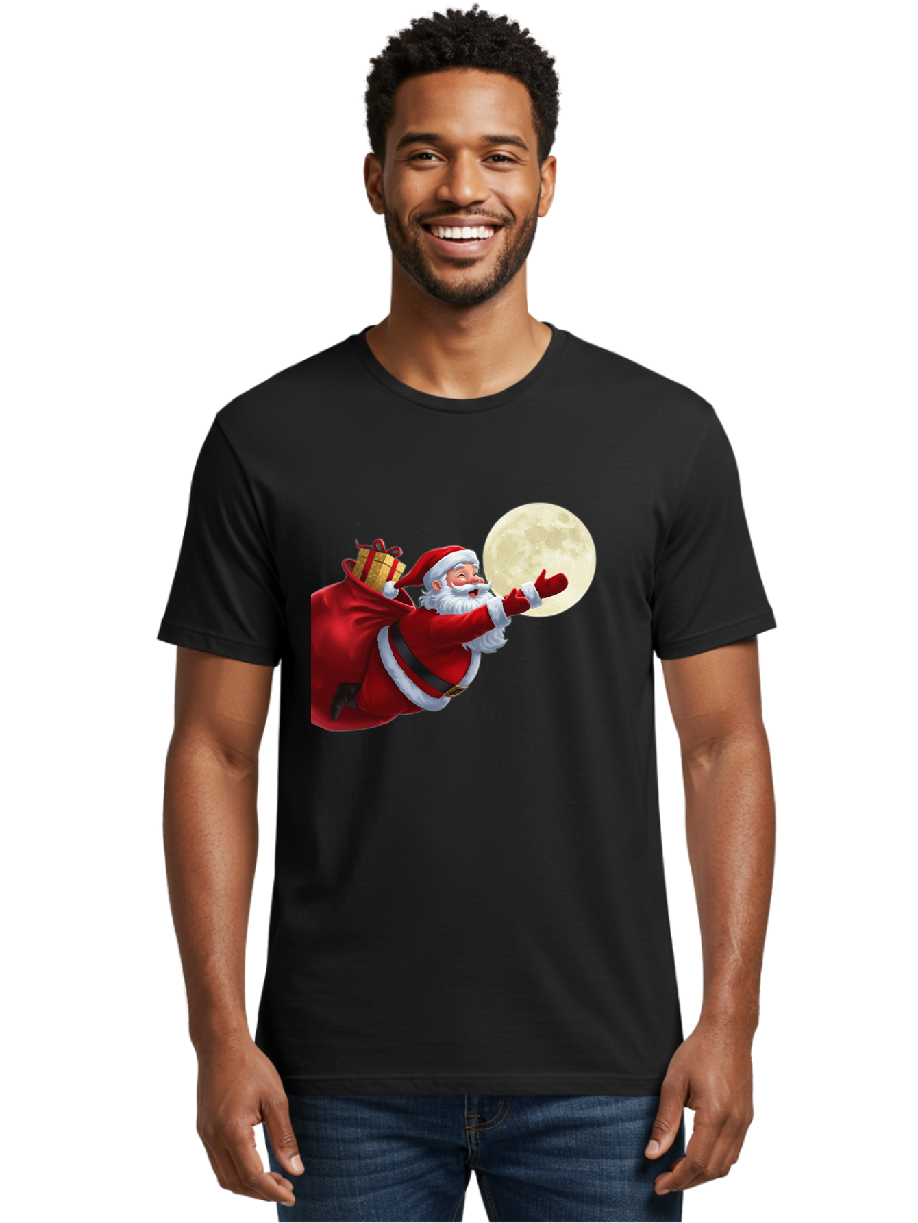 Santa-Claus-2 Men'S Graphic Tee, 100% Cotton, Comfortable Casual Summer Wear, Machine Washable, Santa Claus, Gift Bag, Full Moon, Holiday Season, Christmas Magic, Jolly Old Elf, Festive Atmosphere, Red Suit, White Beard Bac392