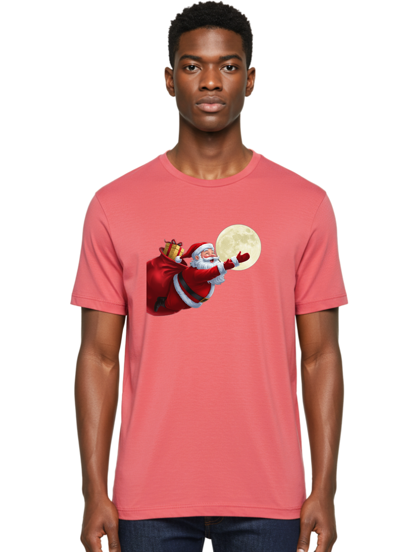 Santa-Claus-2 Men'S Graphic Tee, 100% Cotton, Comfortable Casual Summer Wear, Machine Washable, Santa Claus, Gift Bag, Full Moon, Holiday Season, Christmas Magic, Jolly Old Elf, Festive Atmosphere, Red Suit, White Beard Bac392