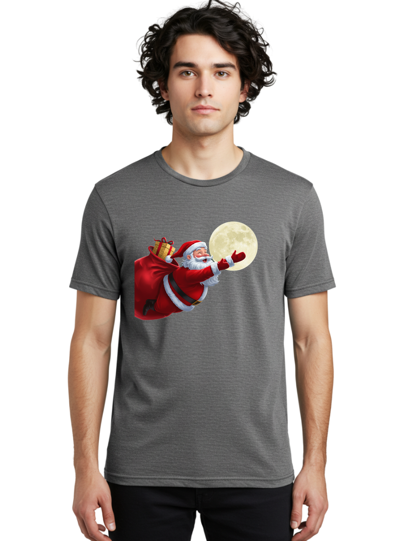 Santa-Claus-2 Men'S Graphic Tee, 100% Cotton, Comfortable Casual Summer Wear, Machine Washable, Santa Claus, Gift Bag, Full Moon, Holiday Season, Christmas Magic, Jolly Old Elf, Festive Atmosphere, Red Suit, White Beard Bac392