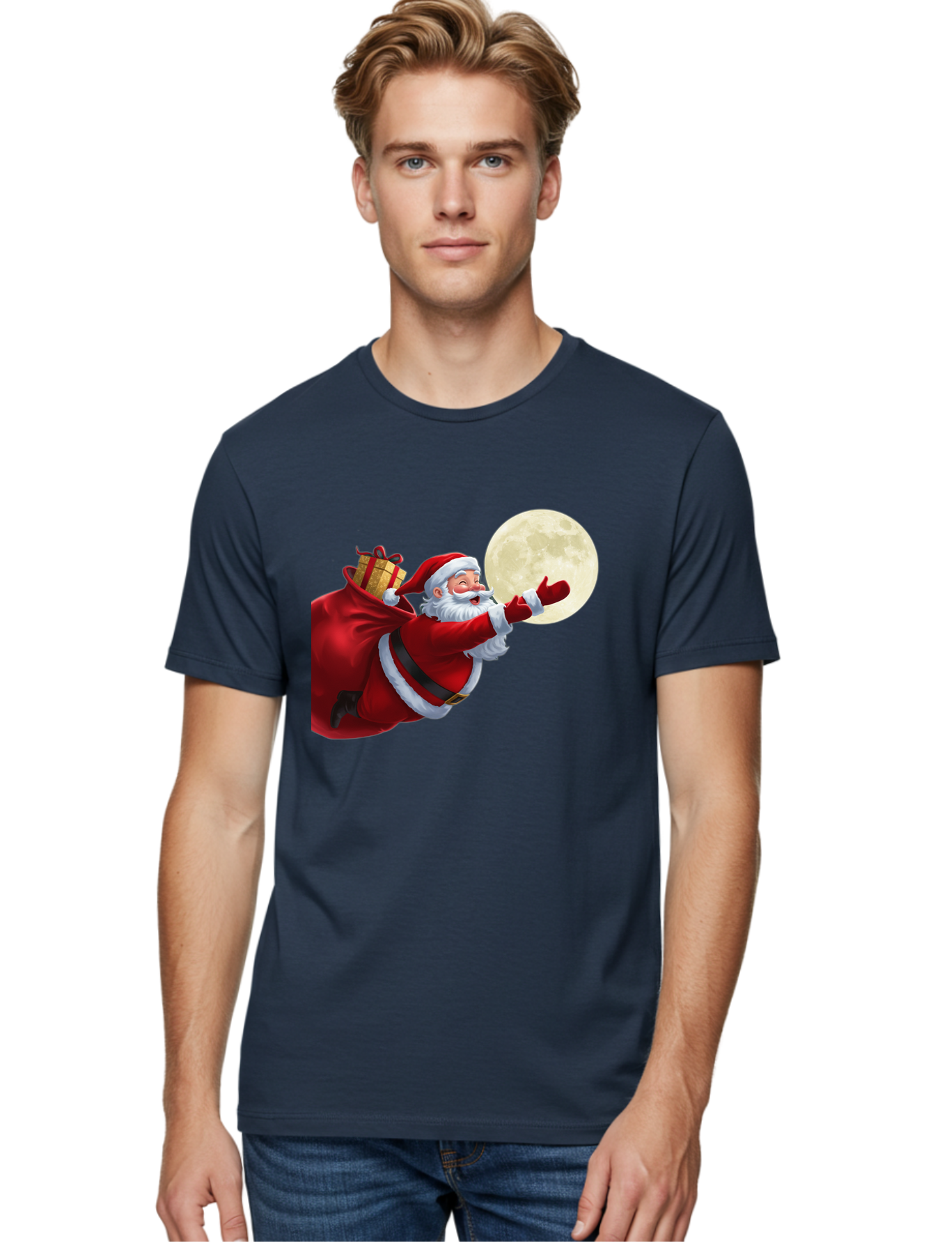 Santa-Claus-2 Men'S Graphic Tee, 100% Cotton, Comfortable Casual Summer Wear, Machine Washable, Santa Claus, Gift Bag, Full Moon, Holiday Season, Christmas Magic, Jolly Old Elf, Festive Atmosphere, Red Suit, White Beard Bac392