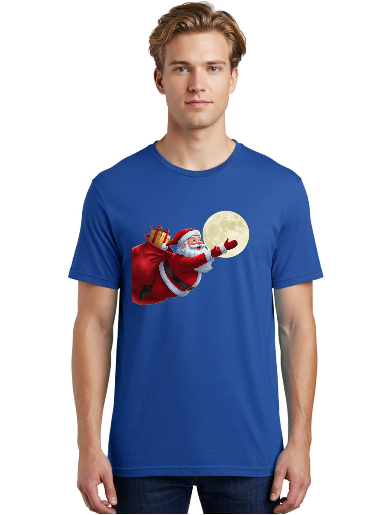 Santa-Claus-2 Men'S Graphic Tee, 100% Cotton, Comfortable Casual Summer Wear, Machine Washable, Santa Claus, Gift Bag, Full Moon, Holiday Season, Christmas Magic, Jolly Old Elf, Festive Atmosphere, Red Suit, White Beard Bac392