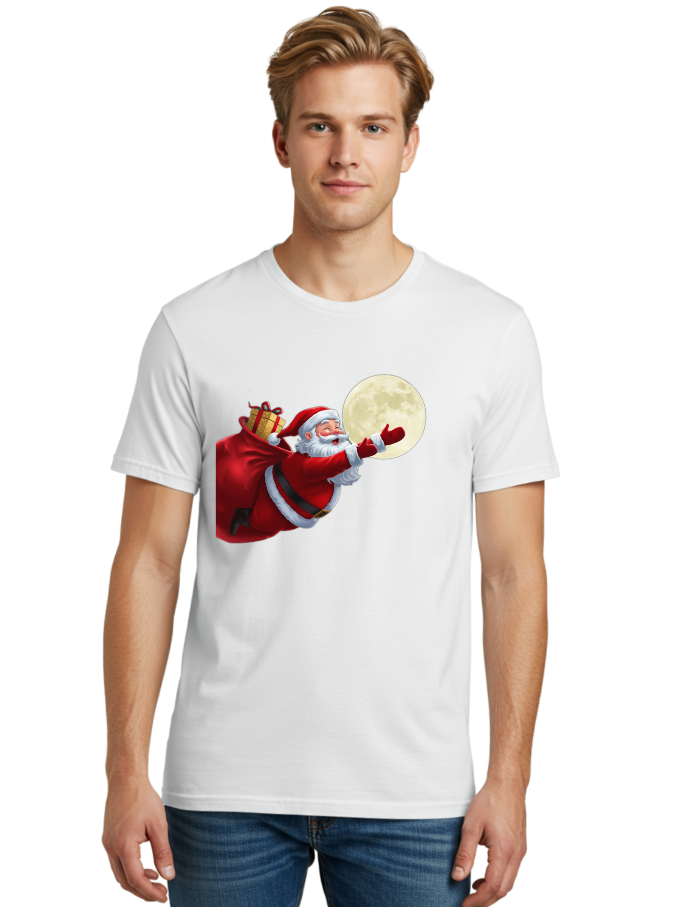 Santa-Claus-2 Men'S Graphic Tee, 100% Cotton, Comfortable Casual Summer Wear, Machine Washable, Santa Claus, Gift Bag, Full Moon, Holiday Season, Christmas Magic, Jolly Old Elf, Festive Atmosphere, Red Suit, White Beard Bac392