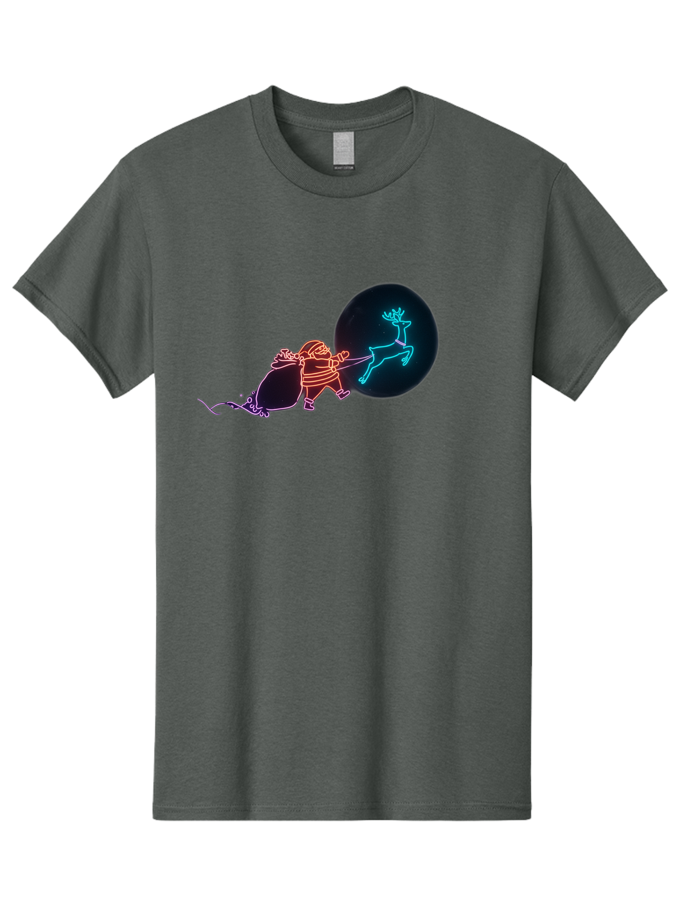 Santa-Claus-Reindeer Men'S Graphic Tee, 100% Cotton, Comfortable Casual Summer Wear, Machine Washable, Santa Claus Pulling Reindeer, Christmas Magic, Holiday Cheer, Neon Lights, Festive Scene, Jolly Old Elf, Christmas Gift, Holiday Season Bac393