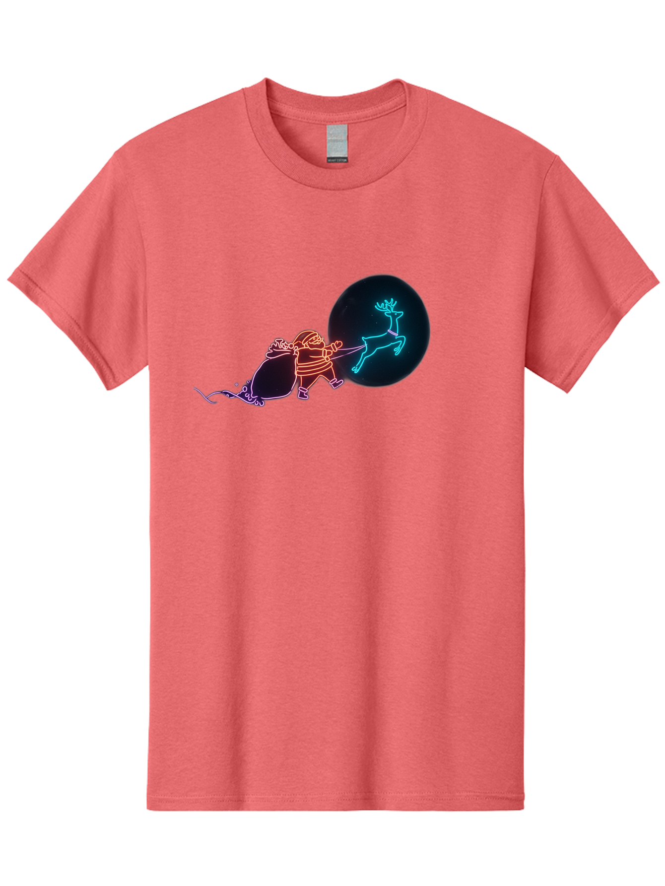 Santa-Claus-Reindeer Men'S Graphic Tee, 100% Cotton, Comfortable Casual Summer Wear, Machine Washable, Santa Claus Pulling Reindeer, Christmas Magic, Holiday Cheer, Neon Lights, Festive Scene, Jolly Old Elf, Christmas Gift, Holiday Season Bac393