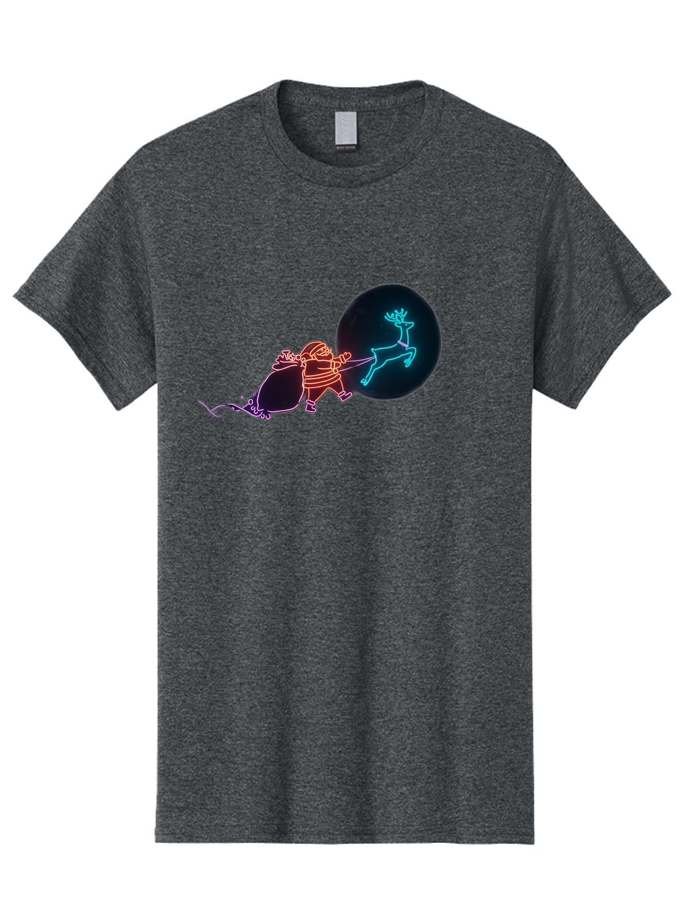 Santa-Claus-Reindeer Men'S Graphic Tee, 100% Cotton, Comfortable Casual Summer Wear, Machine Washable, Santa Claus Pulling Reindeer, Christmas Magic, Holiday Cheer, Neon Lights, Festive Scene, Jolly Old Elf, Christmas Gift, Holiday Season Bac393