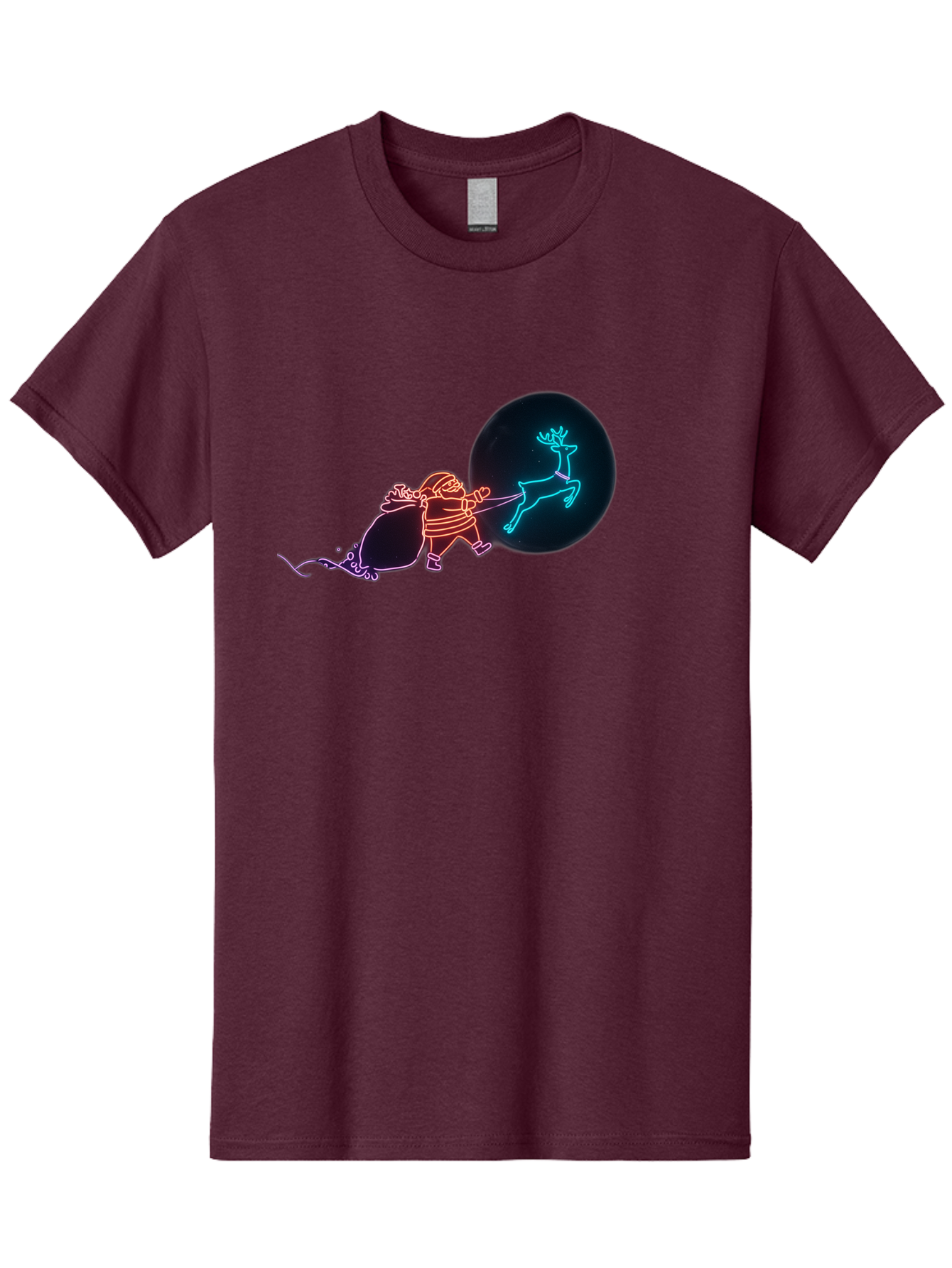 Santa-Claus-Reindeer Men'S Graphic Tee, 100% Cotton, Comfortable Casual Summer Wear, Machine Washable, Santa Claus Pulling Reindeer, Christmas Magic, Holiday Cheer, Neon Lights, Festive Scene, Jolly Old Elf, Christmas Gift, Holiday Season Bac393