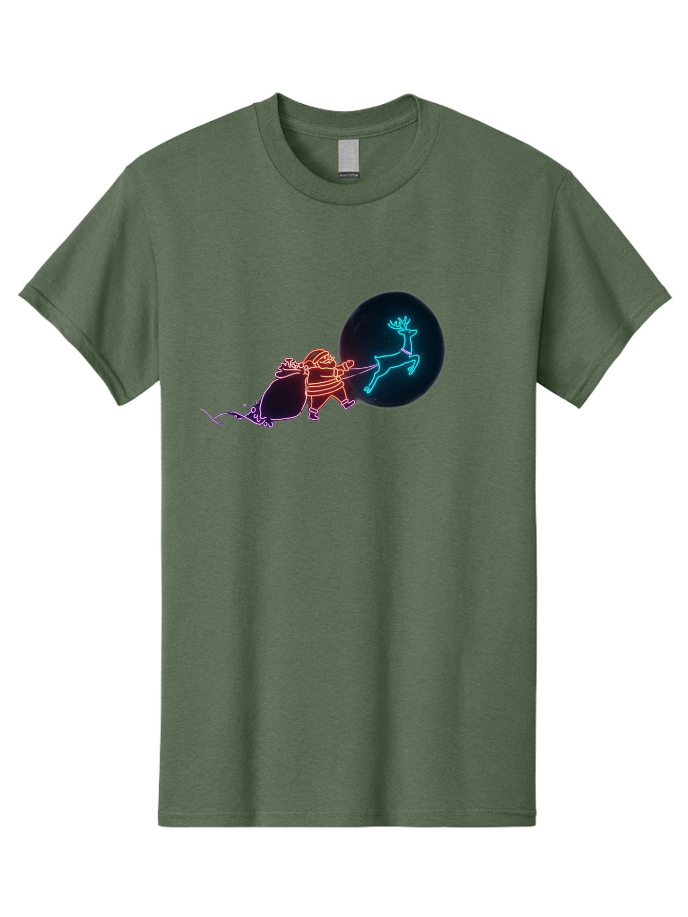 Santa-Claus-Reindeer Men'S Graphic Tee, 100% Cotton, Comfortable Casual Summer Wear, Machine Washable, Santa Claus Pulling Reindeer, Christmas Magic, Holiday Cheer, Neon Lights, Festive Scene, Jolly Old Elf, Christmas Gift, Holiday Season Bac393