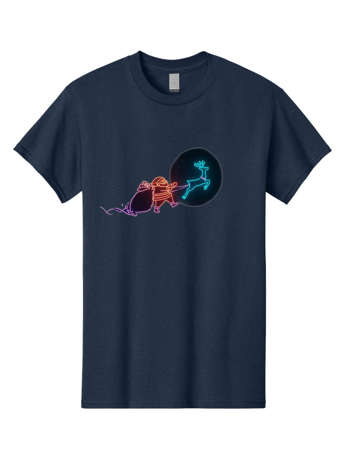 Santa-Claus-Reindeer Men'S Graphic Tee, 100% Cotton, Comfortable Casual Summer Wear, Machine Washable, Santa Claus Pulling Reindeer, Christmas Magic, Holiday Cheer, Neon Lights, Festive Scene, Jolly Old Elf, Christmas Gift, Holiday Season Bac393