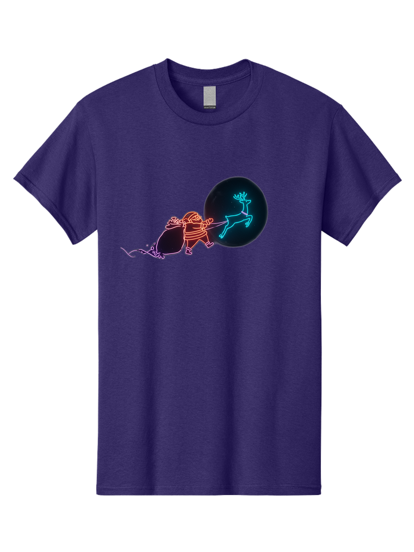 Santa-Claus-Reindeer Men'S Graphic Tee, 100% Cotton, Comfortable Casual Summer Wear, Machine Washable, Santa Claus Pulling Reindeer, Christmas Magic, Holiday Cheer, Neon Lights, Festive Scene, Jolly Old Elf, Christmas Gift, Holiday Season Bac393