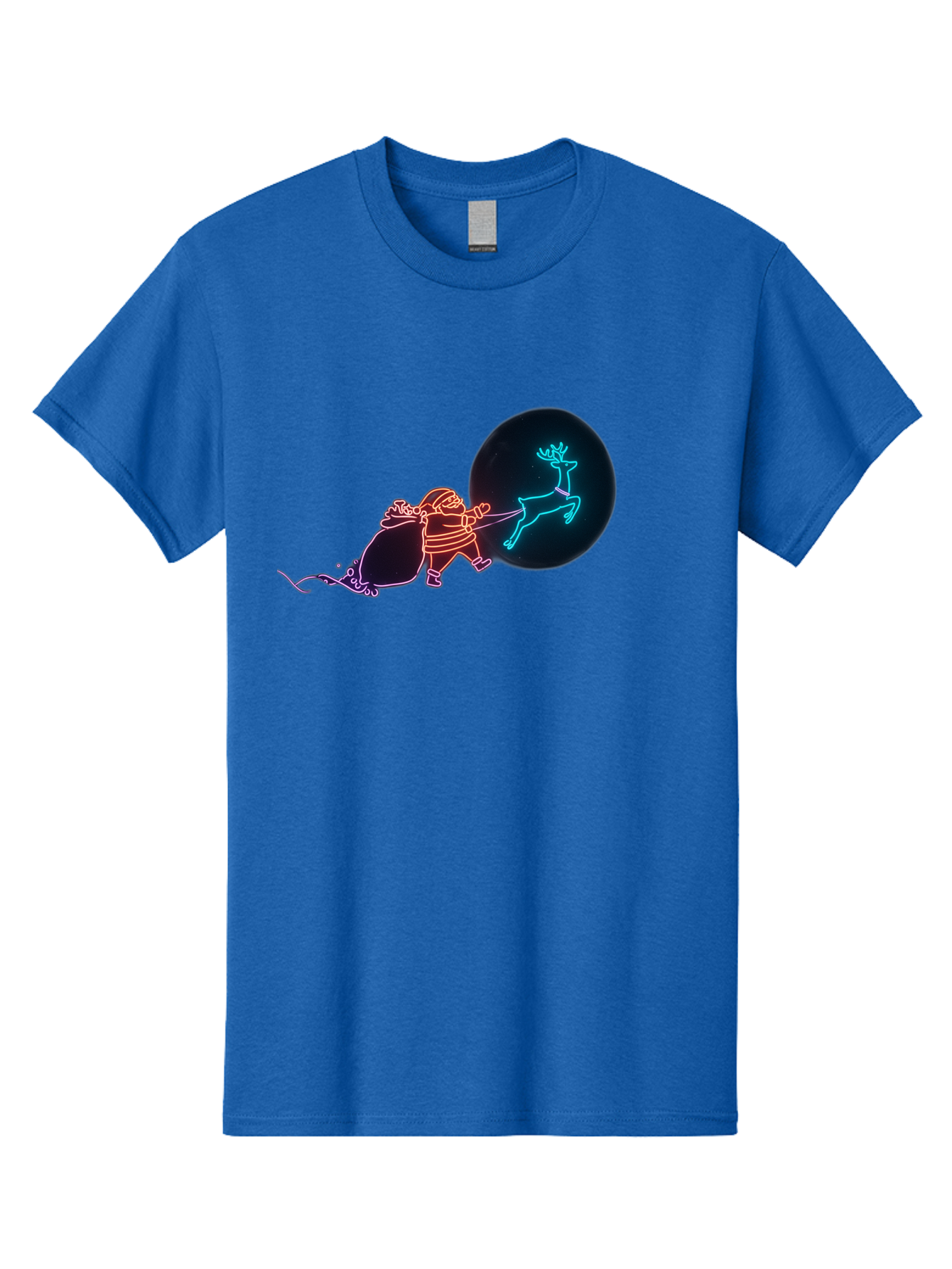 Santa-Claus-Reindeer Men'S Graphic Tee, 100% Cotton, Comfortable Casual Summer Wear, Machine Washable, Santa Claus Pulling Reindeer, Christmas Magic, Holiday Cheer, Neon Lights, Festive Scene, Jolly Old Elf, Christmas Gift, Holiday Season Bac393