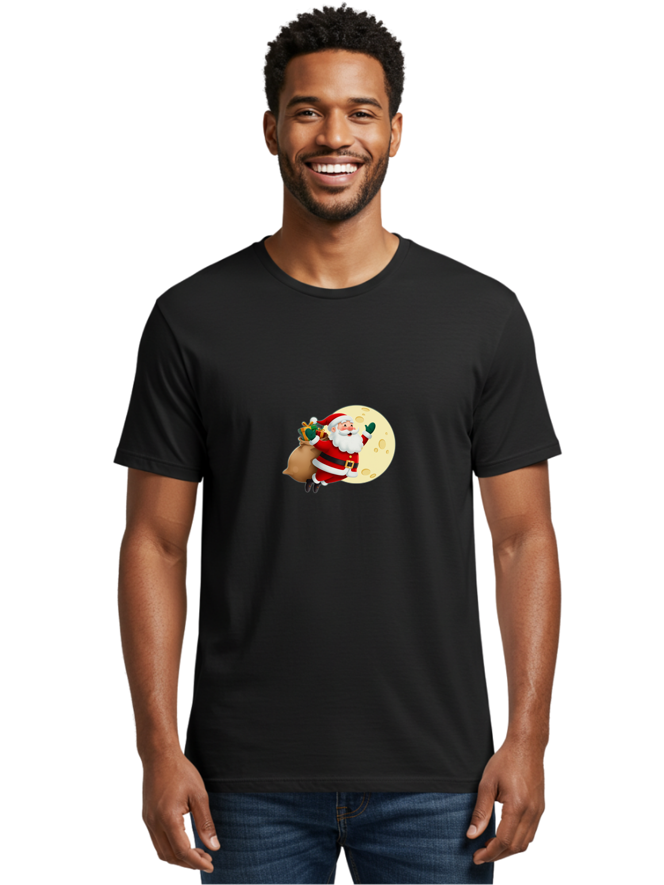 Santa-Claus Men'S Graphic Tee, 100% Cotton, Comfortable Casual Summer Wear, Machine Washable, Santa Claus Flying, Full Moon, Christmas Gifts, Festive Season, Holiday Cheer, Jolly Old Man, Sack Of Toys, Waving Hand, Joyful Atmosphere, Bac394