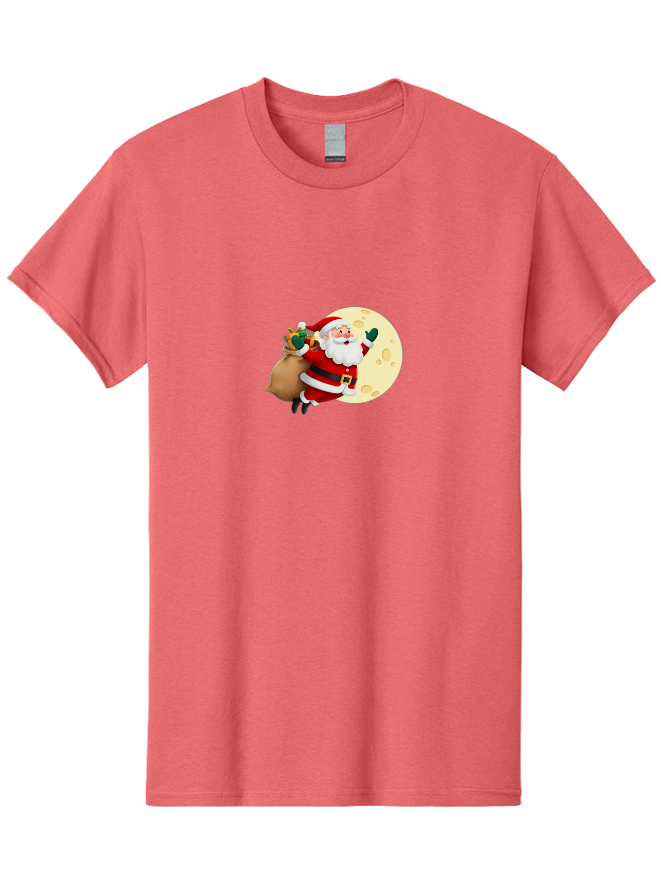 Santa-Claus Men'S Graphic Tee, 100% Cotton, Comfortable Casual Summer Wear, Machine Washable, Santa Claus Flying, Full Moon, Christmas Gifts, Festive Season, Holiday Cheer, Jolly Old Man, Sack Of Toys, Waving Hand, Joyful Atmosphere, Bac394