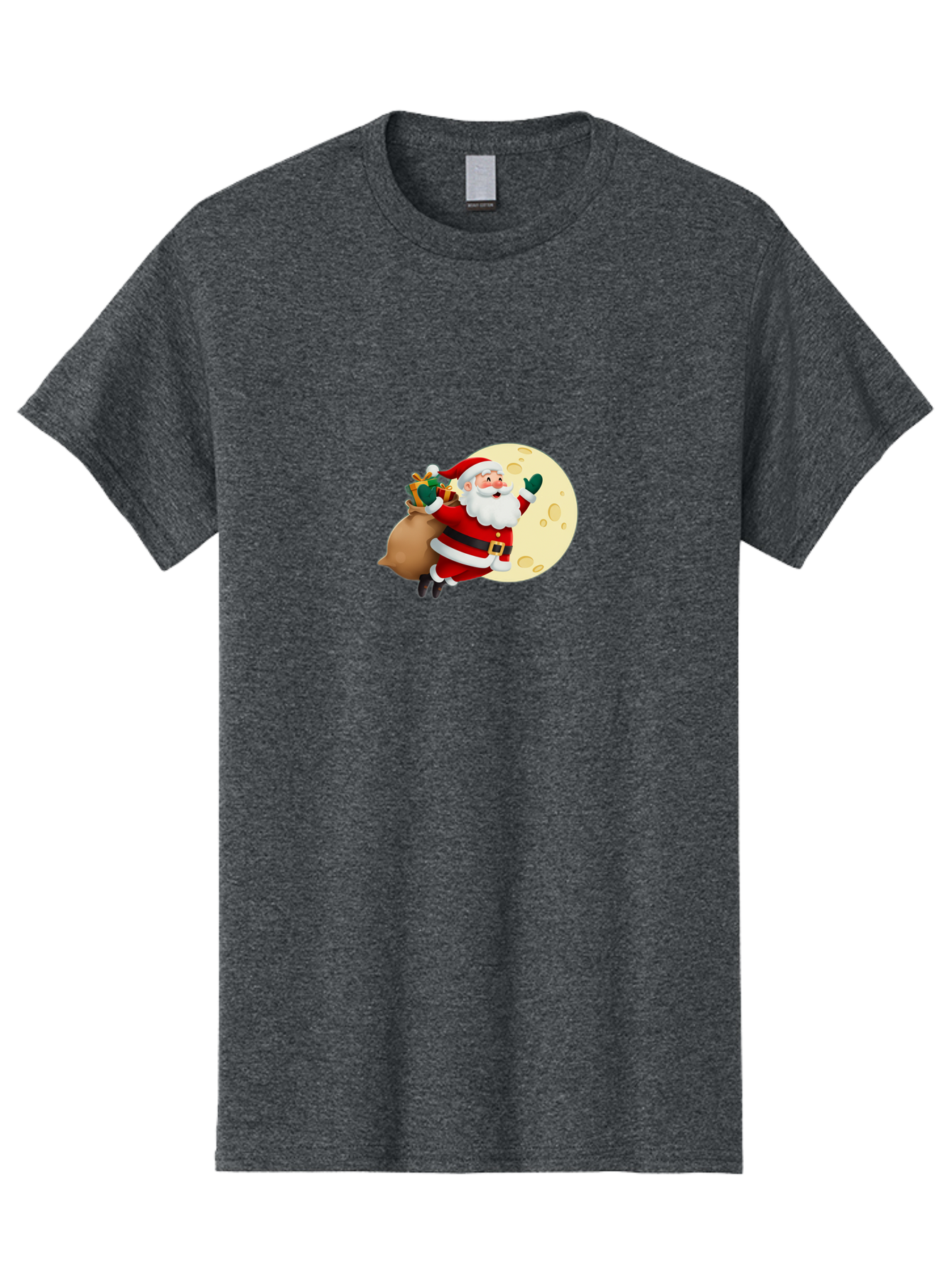 Santa-Claus Men'S Graphic Tee, 100% Cotton, Comfortable Casual Summer Wear, Machine Washable, Santa Claus Flying, Full Moon, Christmas Gifts, Festive Season, Holiday Cheer, Jolly Old Man, Sack Of Toys, Waving Hand, Joyful Atmosphere, Bac394