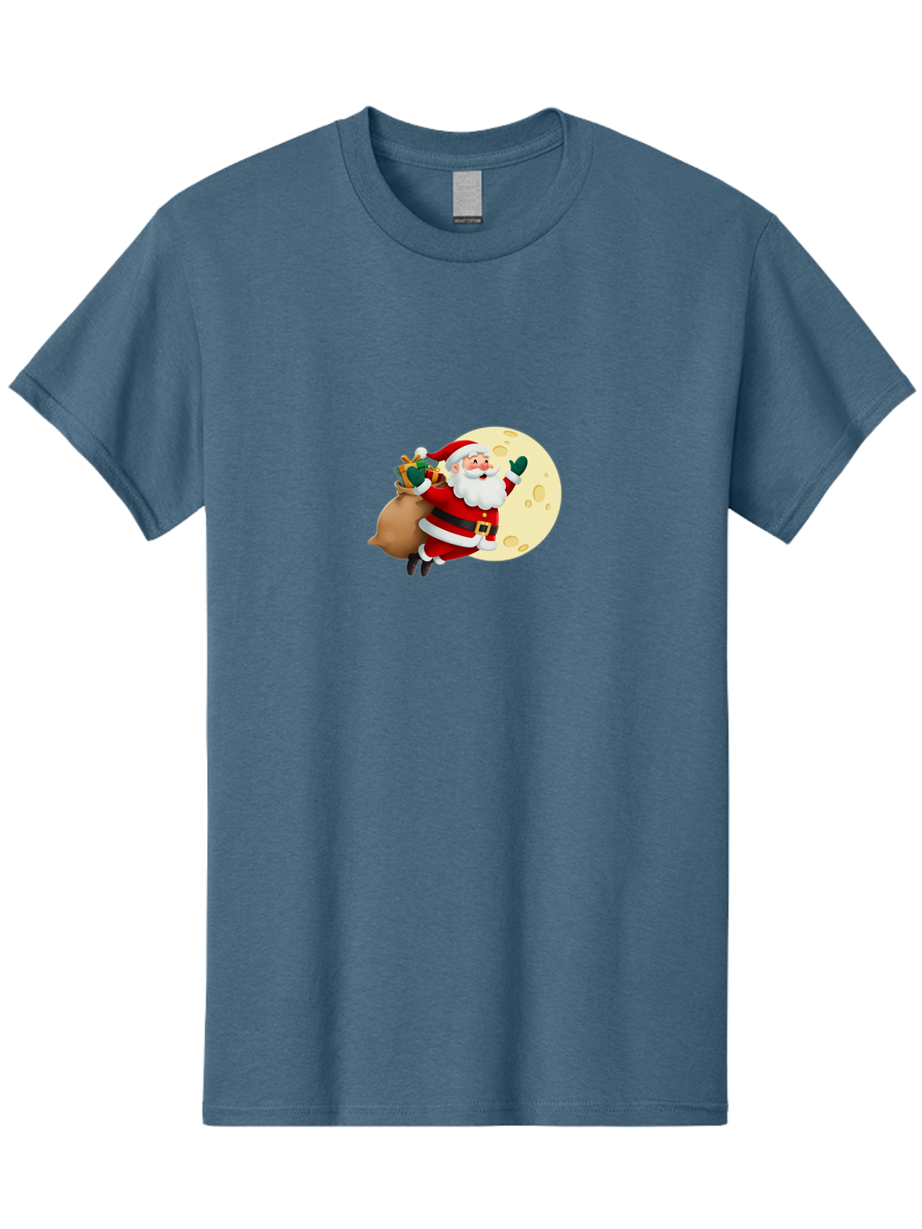 Santa-Claus Men'S Graphic Tee, 100% Cotton, Comfortable Casual Summer Wear, Machine Washable, Santa Claus Flying, Full Moon, Christmas Gifts, Festive Season, Holiday Cheer, Jolly Old Man, Sack Of Toys, Waving Hand, Joyful Atmosphere, Bac394
