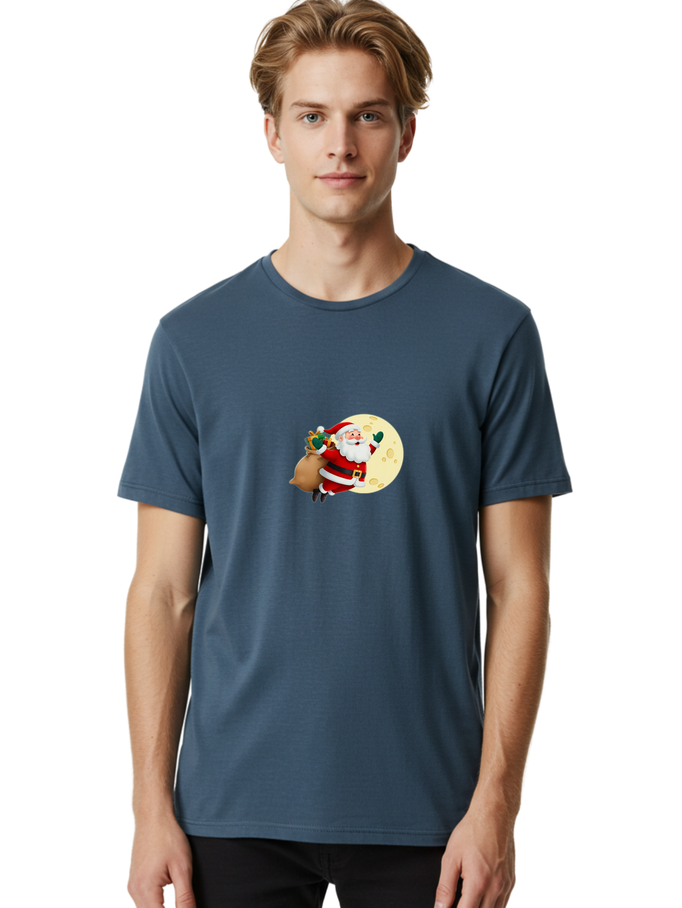 Santa-Claus Men'S Graphic Tee, 100% Cotton, Comfortable Casual Summer Wear, Machine Washable, Santa Claus Flying, Full Moon, Christmas Gifts, Festive Season, Holiday Cheer, Jolly Old Man, Sack Of Toys, Waving Hand, Joyful Atmosphere, Bac394