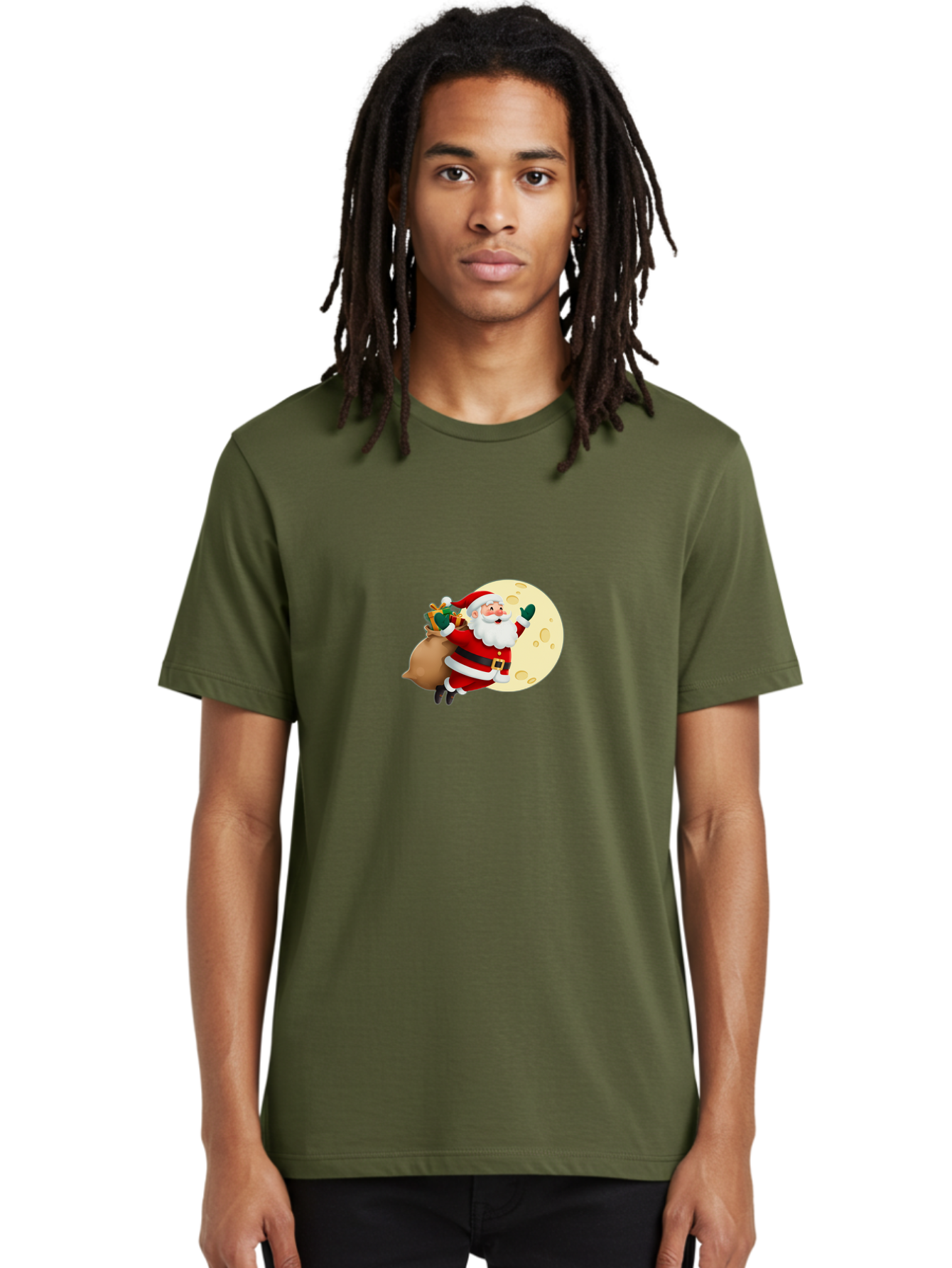 Santa-Claus Men'S Graphic Tee, 100% Cotton, Comfortable Casual Summer Wear, Machine Washable, Santa Claus Flying, Full Moon, Christmas Gifts, Festive Season, Holiday Cheer, Jolly Old Man, Sack Of Toys, Waving Hand, Joyful Atmosphere, Bac394