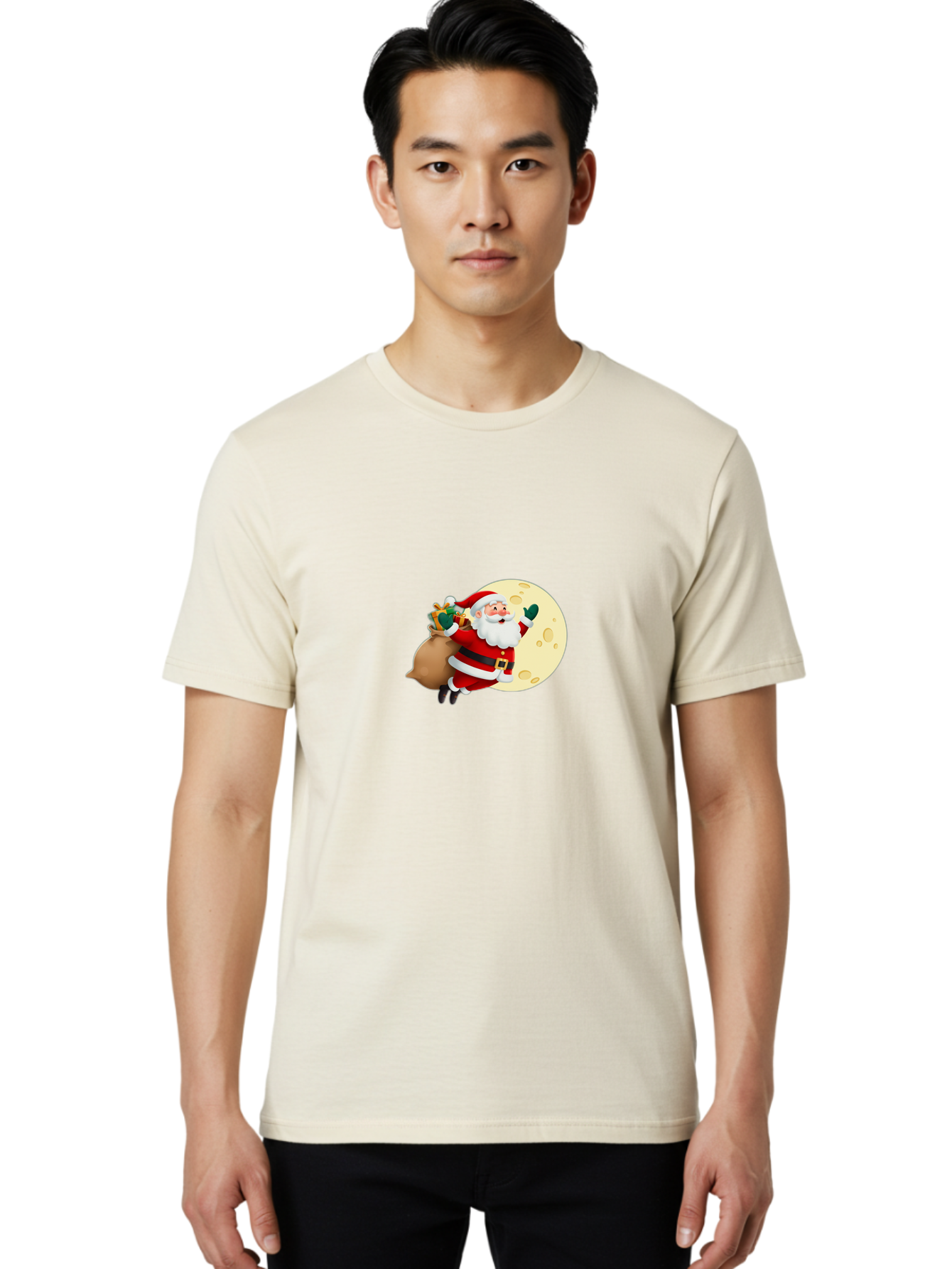 Santa-Claus Men'S Graphic Tee, 100% Cotton, Comfortable Casual Summer Wear, Machine Washable, Santa Claus Flying, Full Moon, Christmas Gifts, Festive Season, Holiday Cheer, Jolly Old Man, Sack Of Toys, Waving Hand, Joyful Atmosphere, Bac394