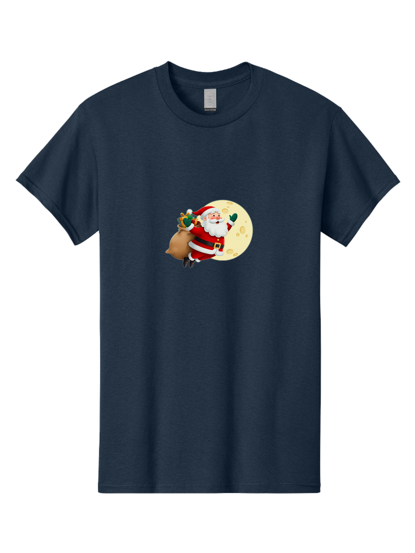 Santa-Claus Men'S Graphic Tee, 100% Cotton, Comfortable Casual Summer Wear, Machine Washable, Santa Claus Flying, Full Moon, Christmas Gifts, Festive Season, Holiday Cheer, Jolly Old Man, Sack Of Toys, Waving Hand, Joyful Atmosphere, Bac394