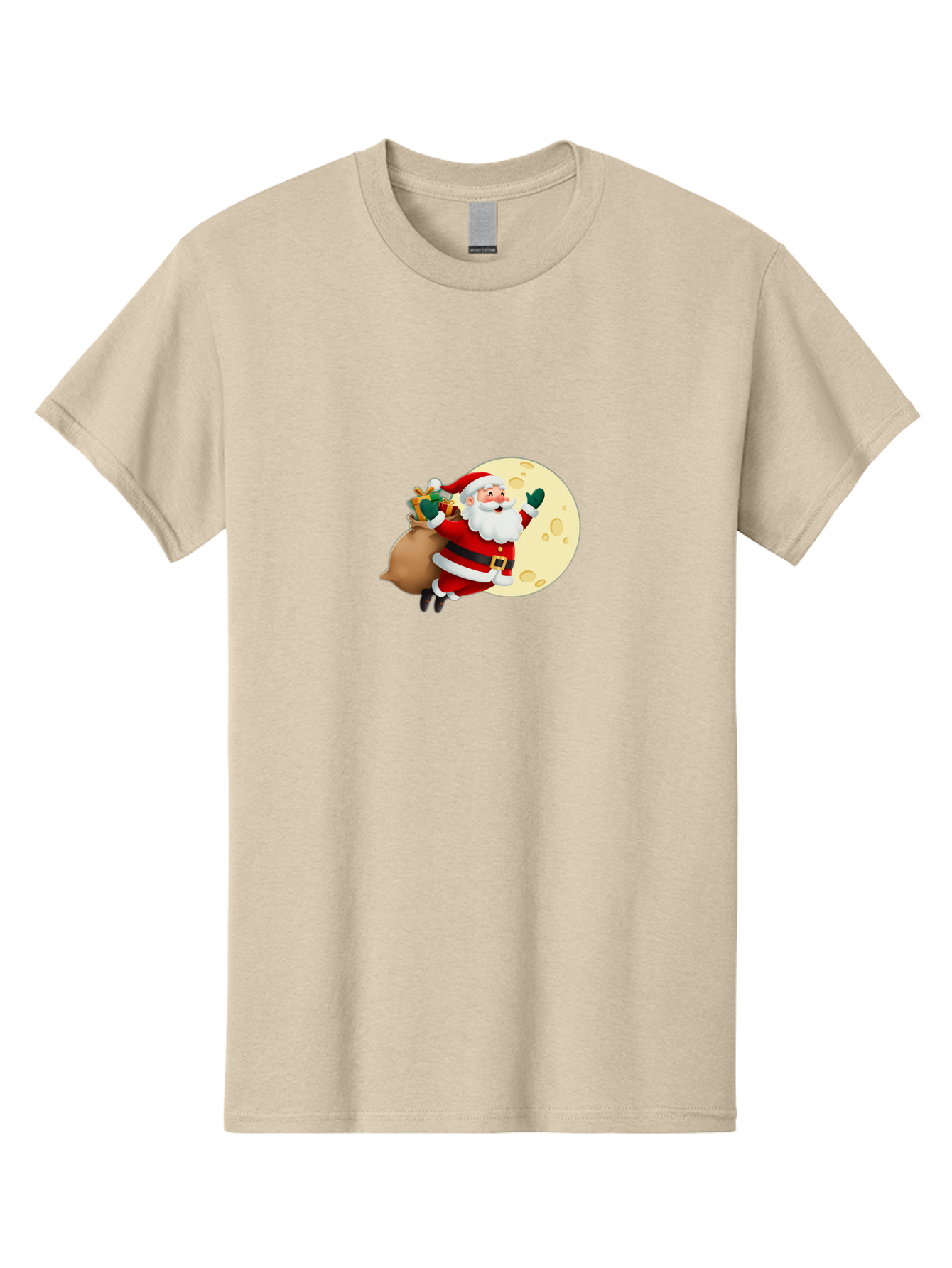 Santa-Claus Men'S Graphic Tee, 100% Cotton, Comfortable Casual Summer Wear, Machine Washable, Santa Claus Flying, Full Moon, Christmas Gifts, Festive Season, Holiday Cheer, Jolly Old Man, Sack Of Toys, Waving Hand, Joyful Atmosphere, Bac394
