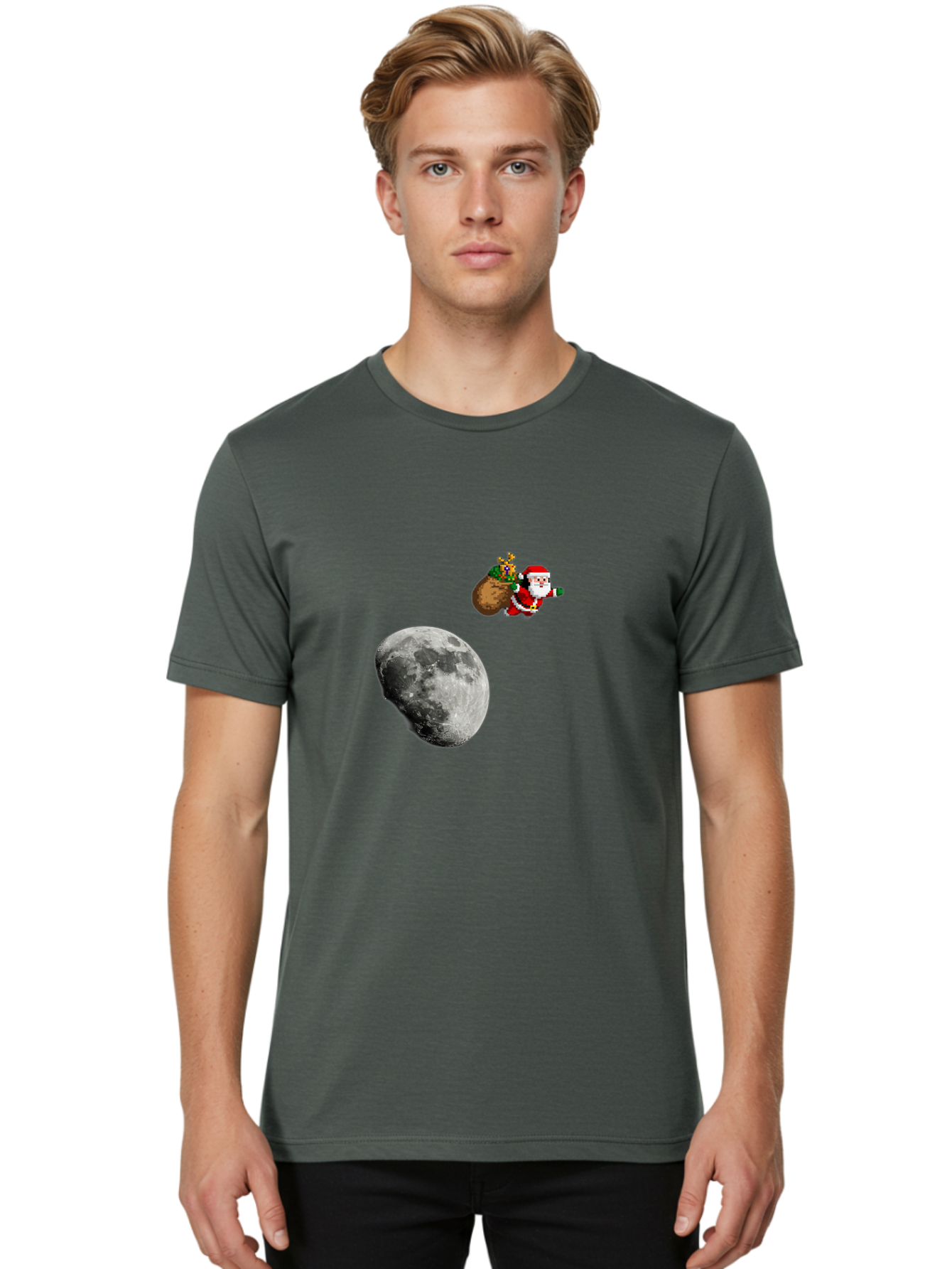 Santa-Moon Men'S Graphic Tee, 100% Cotton, Comfortable Casual Summer Wear, Machine Washable, Santa Claus Flying With Sack, Christmas Gifts, Holiday Season, Festive Atmosphere, Moonlit Night, Jolly Old Saint Nick Bac395