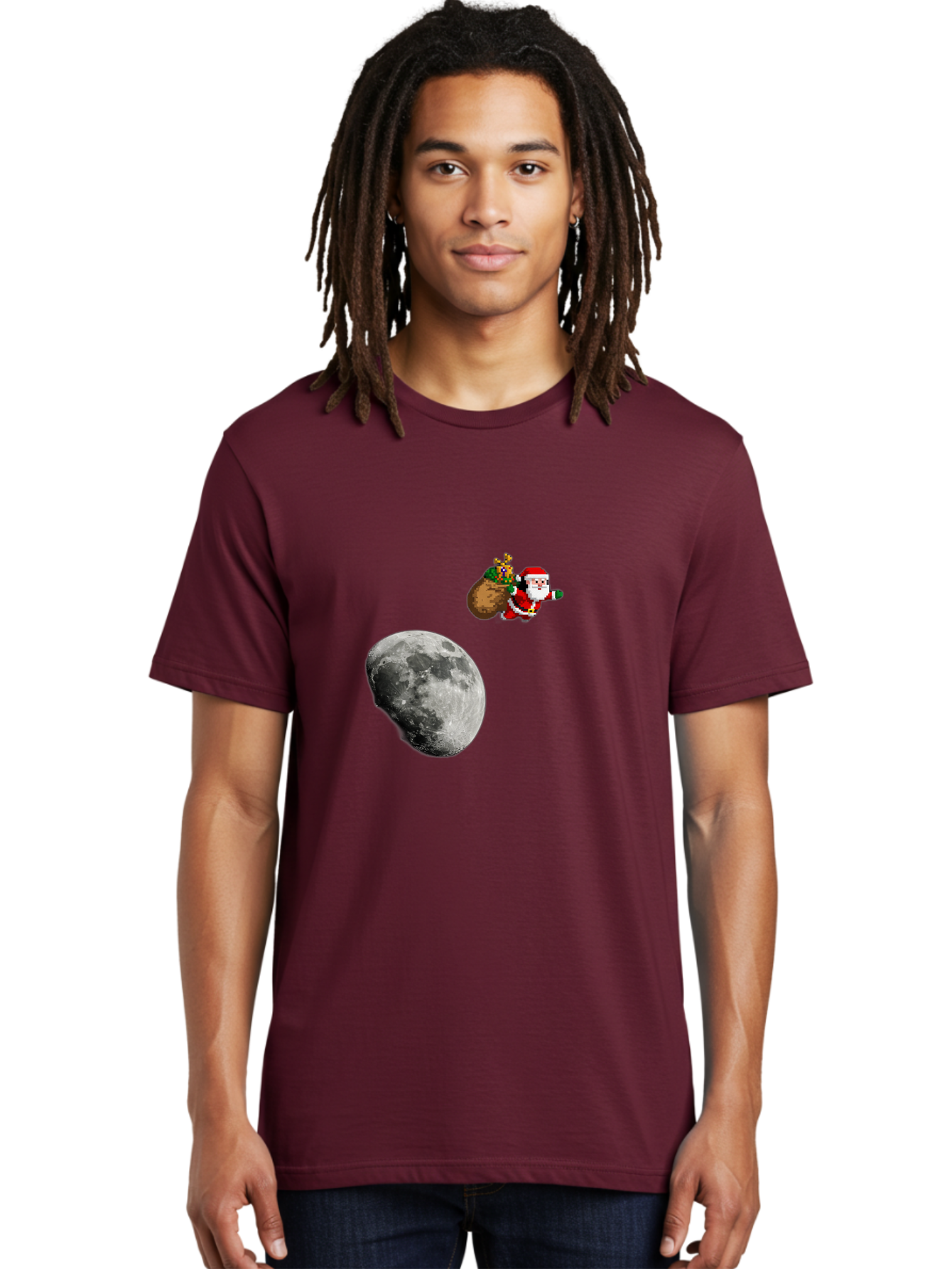 Santa-Moon Men'S Graphic Tee, 100% Cotton, Comfortable Casual Summer Wear, Machine Washable, Santa Claus Flying With Sack, Christmas Gifts, Holiday Season, Festive Atmosphere, Moonlit Night, Jolly Old Saint Nick Bac395