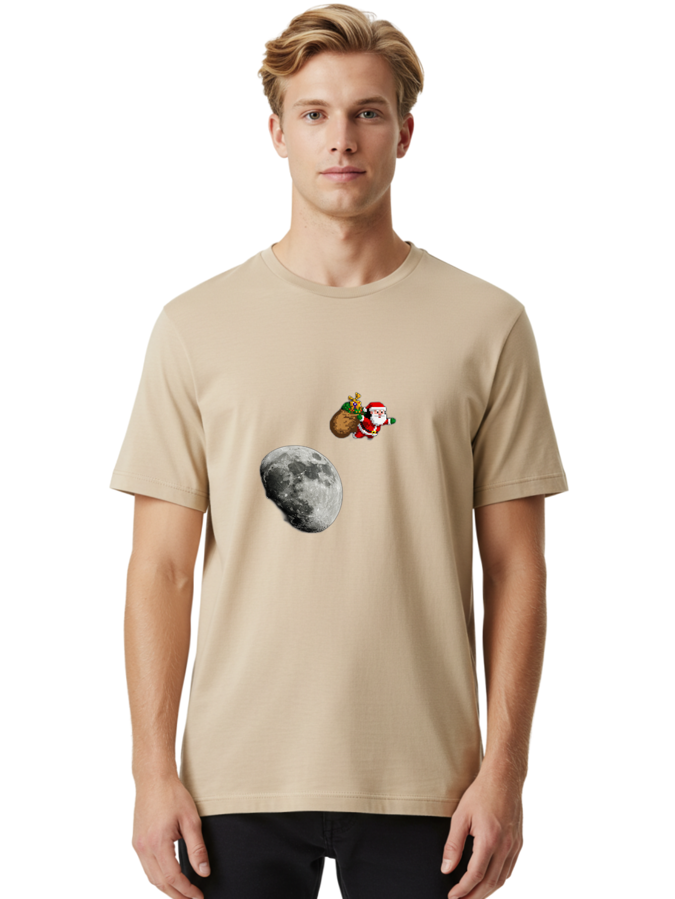 Santa-Moon Men'S Graphic Tee, 100% Cotton, Comfortable Casual Summer Wear, Machine Washable, Santa Claus Flying With Sack, Christmas Gifts, Holiday Season, Festive Atmosphere, Moonlit Night, Jolly Old Saint Nick Bac395