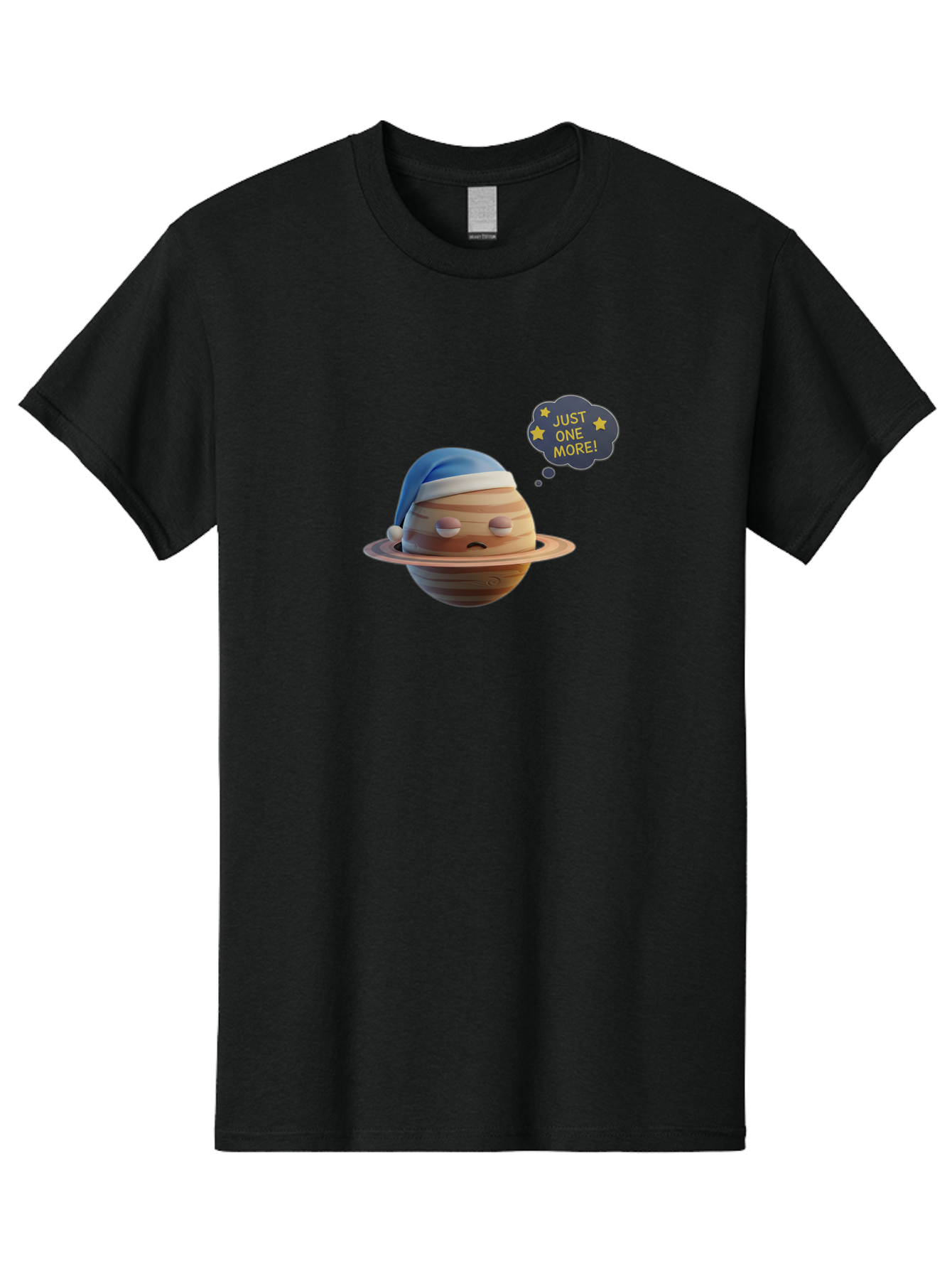 Saturn-With-Sleeping-Cap Men'S Graphic Tee, 100% Cotton, Comfortable Casual Summer Wear, Machine Washable, Cartoon Planet, Sad Expression, Blue Sleeping Mask, Thought Bubble, Just One More, Stars, Ringed Planet, Fun Design, Kawaii Style, Bac396