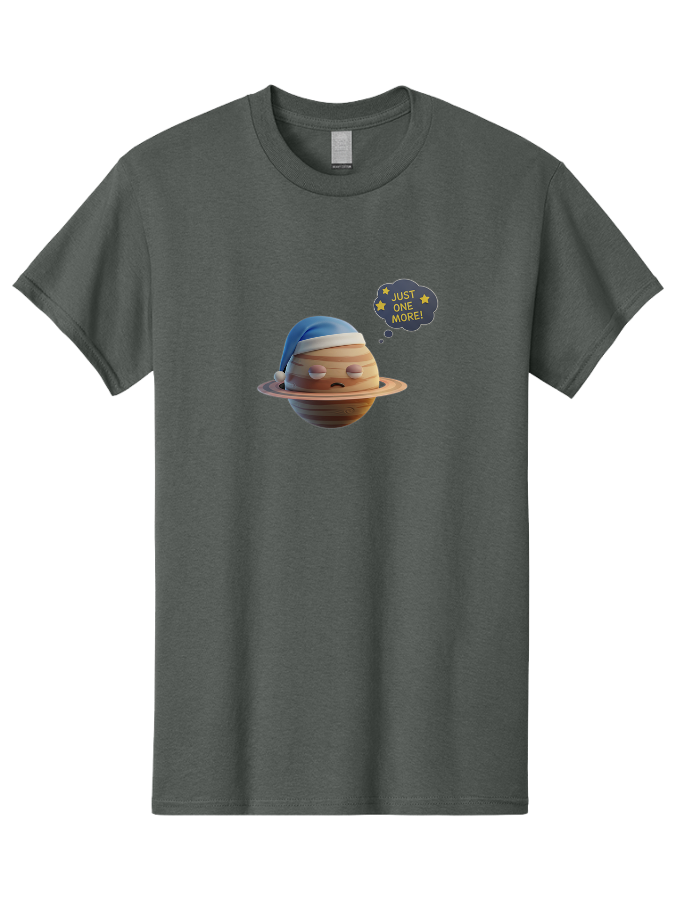 Saturn-With-Sleeping-Cap Men'S Graphic Tee, 100% Cotton, Comfortable Casual Summer Wear, Machine Washable, Cartoon Planet, Sad Expression, Blue Sleeping Mask, Thought Bubble, Just One More, Stars, Ringed Planet, Fun Design, Kawaii Style, Bac396