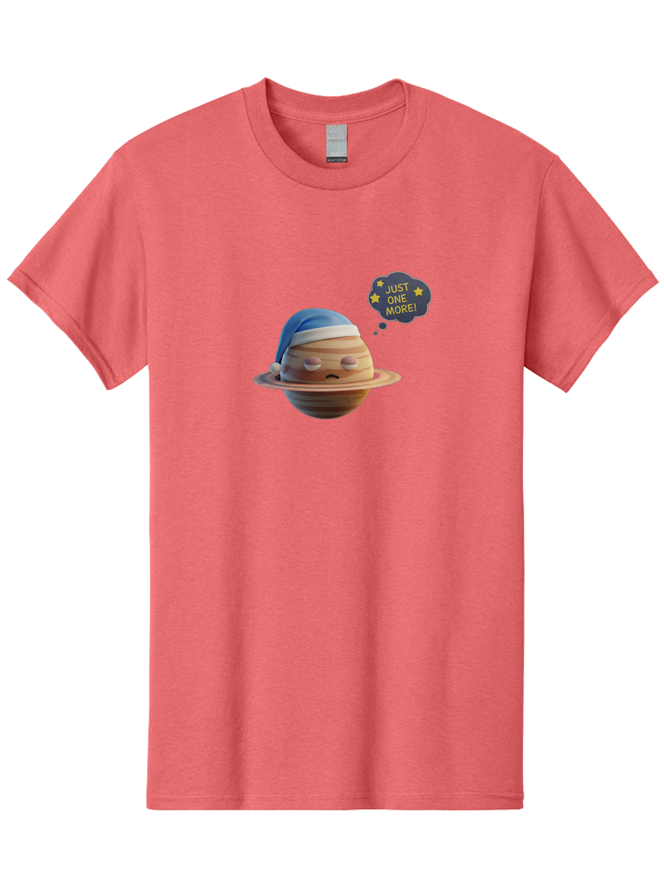 Saturn-With-Sleeping-Cap Men'S Graphic Tee, 100% Cotton, Comfortable Casual Summer Wear, Machine Washable, Cartoon Planet, Sad Expression, Blue Sleeping Mask, Thought Bubble, Just One More, Stars, Ringed Planet, Fun Design, Kawaii Style, Bac396