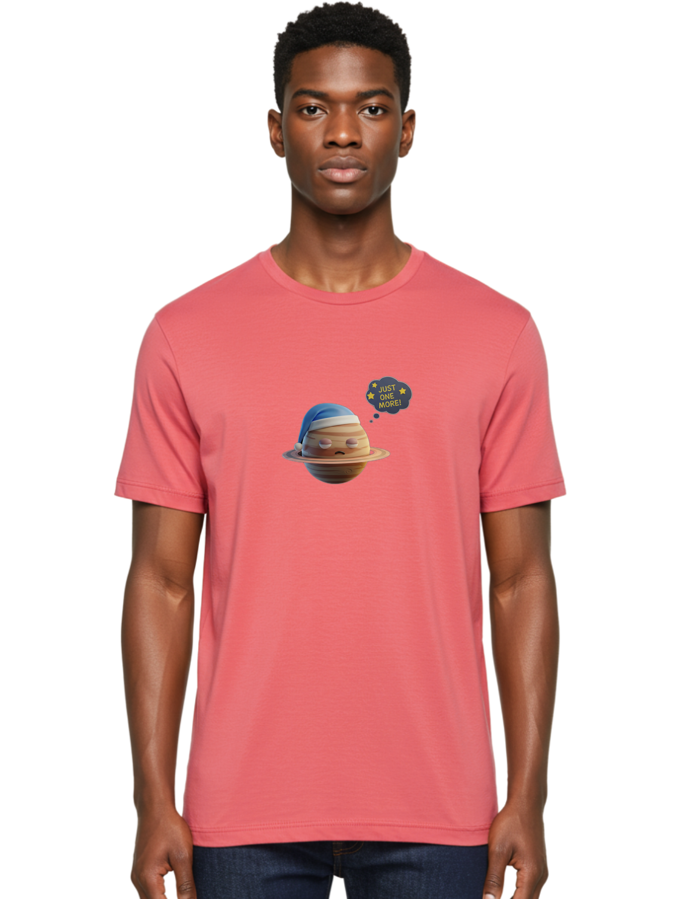 Saturn-With-Sleeping-Cap Men'S Graphic Tee, 100% Cotton, Comfortable Casual Summer Wear, Machine Washable, Cartoon Planet, Sad Expression, Blue Sleeping Mask, Thought Bubble, Just One More, Stars, Ringed Planet, Fun Design, Kawaii Style, Bac396
