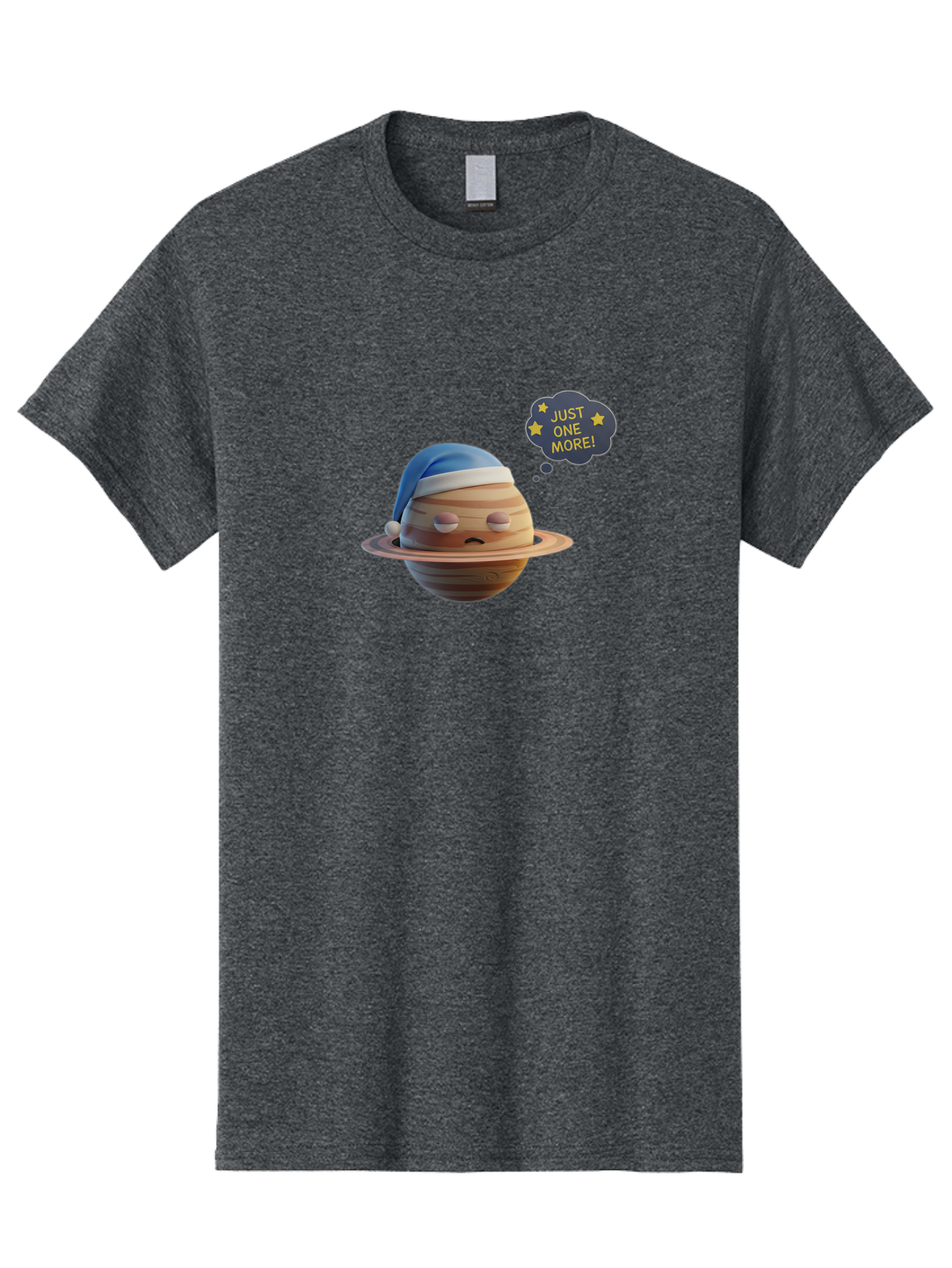 Saturn-With-Sleeping-Cap Men'S Graphic Tee, 100% Cotton, Comfortable Casual Summer Wear, Machine Washable, Cartoon Planet, Sad Expression, Blue Sleeping Mask, Thought Bubble, Just One More, Stars, Ringed Planet, Fun Design, Kawaii Style, Bac396