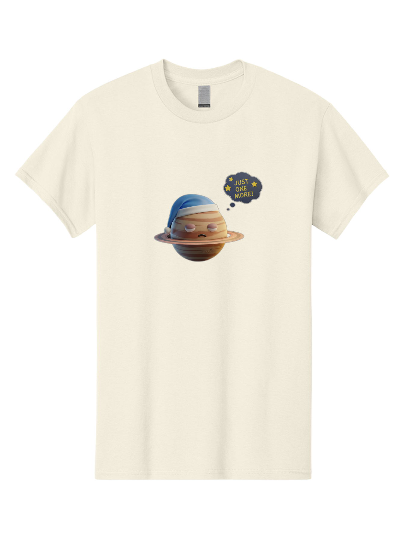 Saturn-With-Sleeping-Cap Men'S Graphic Tee, 100% Cotton, Comfortable Casual Summer Wear, Machine Washable, Cartoon Planet, Sad Expression, Blue Sleeping Mask, Thought Bubble, Just One More, Stars, Ringed Planet, Fun Design, Kawaii Style, Bac396