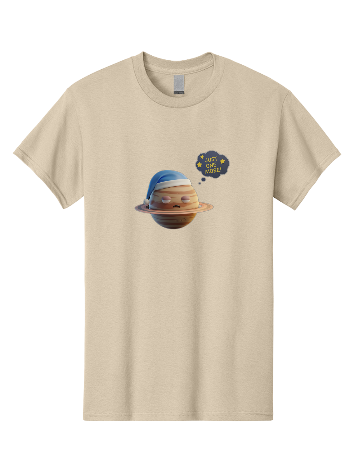 Saturn-With-Sleeping-Cap Men'S Graphic Tee, 100% Cotton, Comfortable Casual Summer Wear, Machine Washable, Cartoon Planet, Sad Expression, Blue Sleeping Mask, Thought Bubble, Just One More, Stars, Ringed Planet, Fun Design, Kawaii Style, Bac396