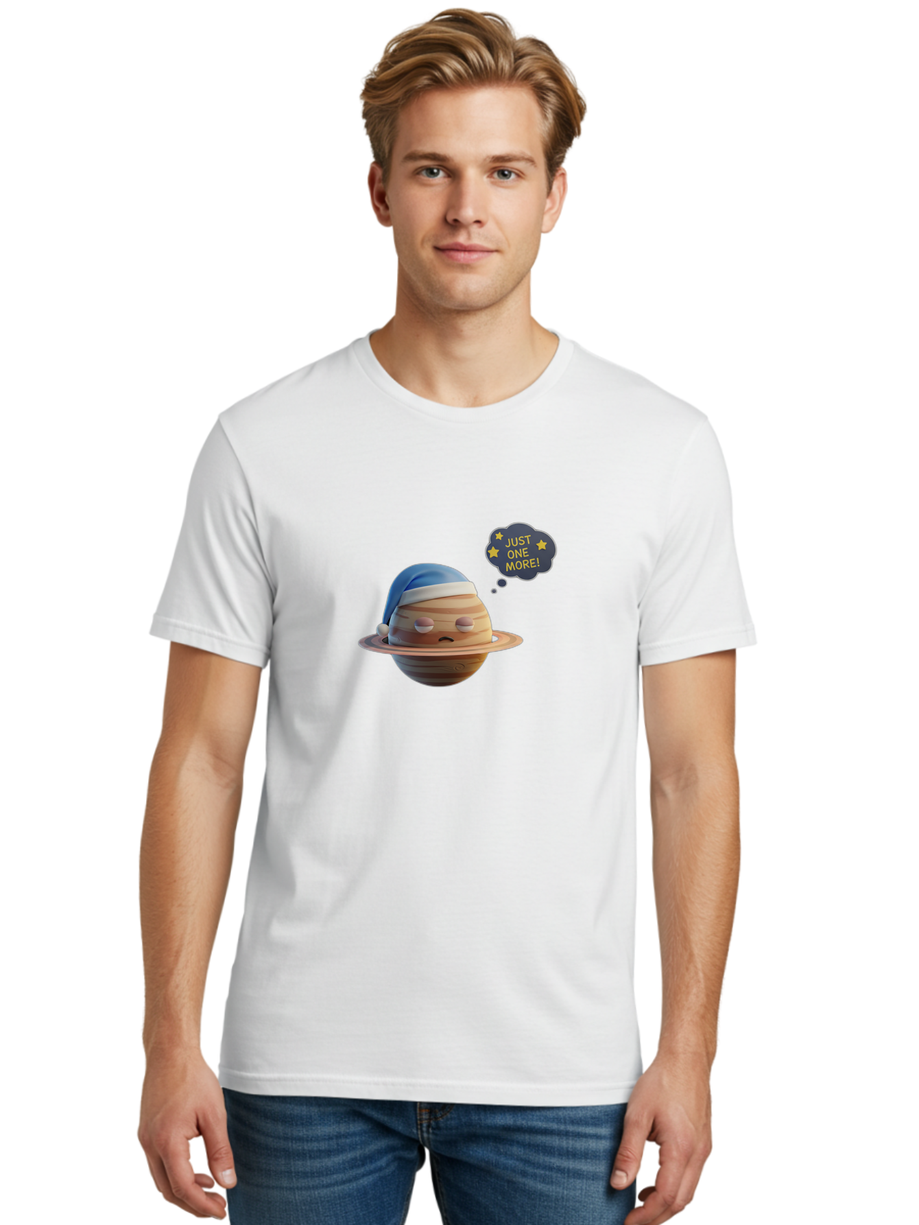 Saturn-With-Sleeping-Cap Men'S Graphic Tee, 100% Cotton, Comfortable Casual Summer Wear, Machine Washable, Cartoon Planet, Sad Expression, Blue Sleeping Mask, Thought Bubble, Just One More, Stars, Ringed Planet, Fun Design, Kawaii Style, Bac396