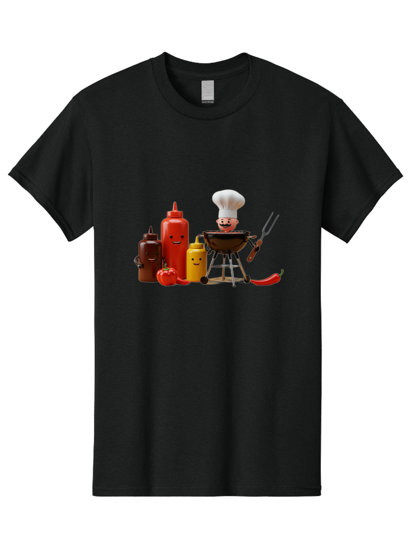 Saucy-Chef Men'S Graphic Tee, 100% Cotton, Comfortable Casual Summer Wear, Machine Washable, Fun Kitchen Utensils, Chef Cooking, Cartoon Characters, Barbecue Grill, Bbq Sauce, Hot Sauce, Mustard Bottle, Cartoon Cooking, Grilled Food, Bac397