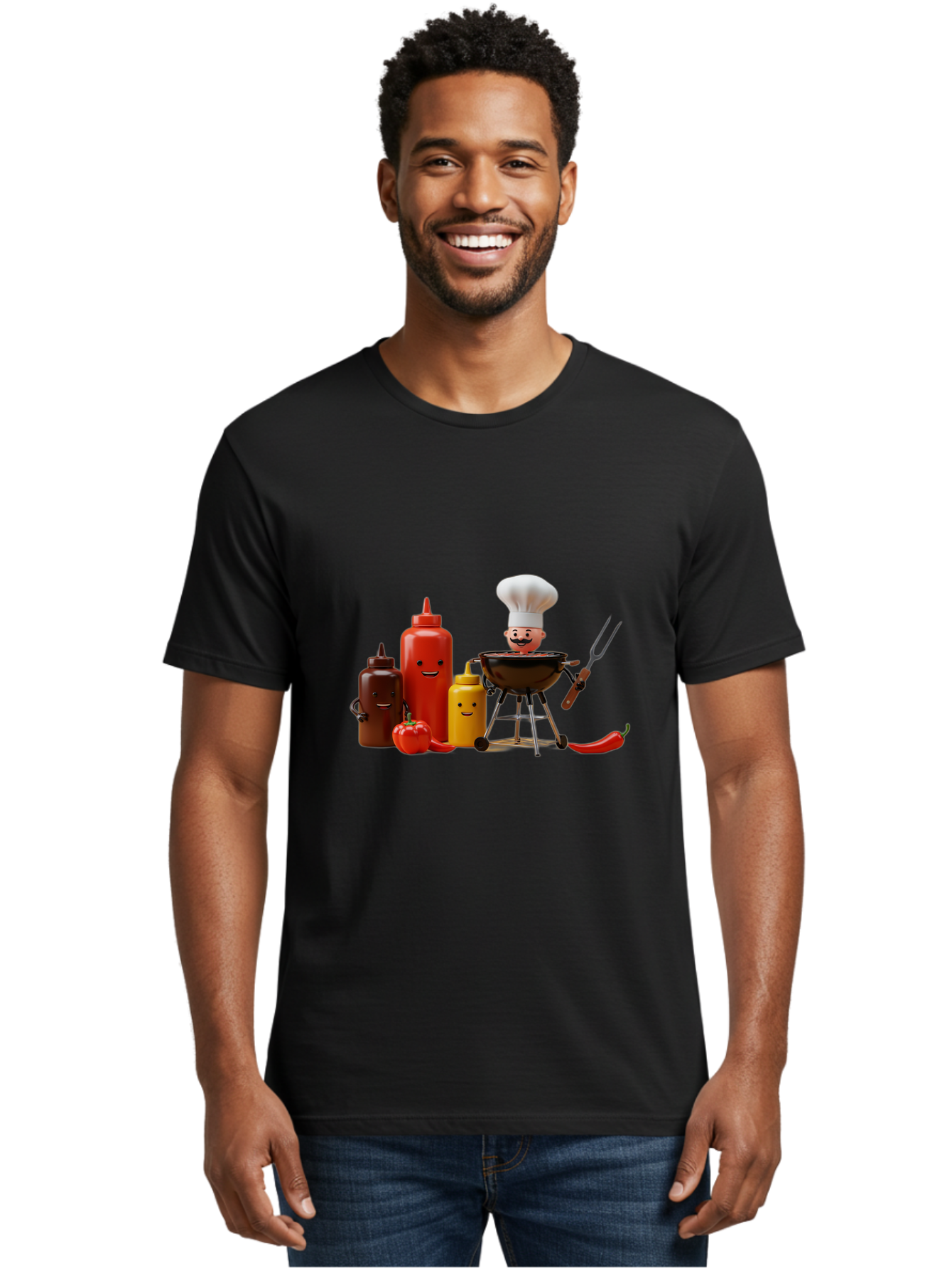 Saucy-Chef Men'S Graphic Tee, 100% Cotton, Comfortable Casual Summer Wear, Machine Washable, Fun Kitchen Utensils, Chef Cooking, Cartoon Characters, Barbecue Grill, Bbq Sauce, Hot Sauce, Mustard Bottle, Cartoon Cooking, Grilled Food, Bac397