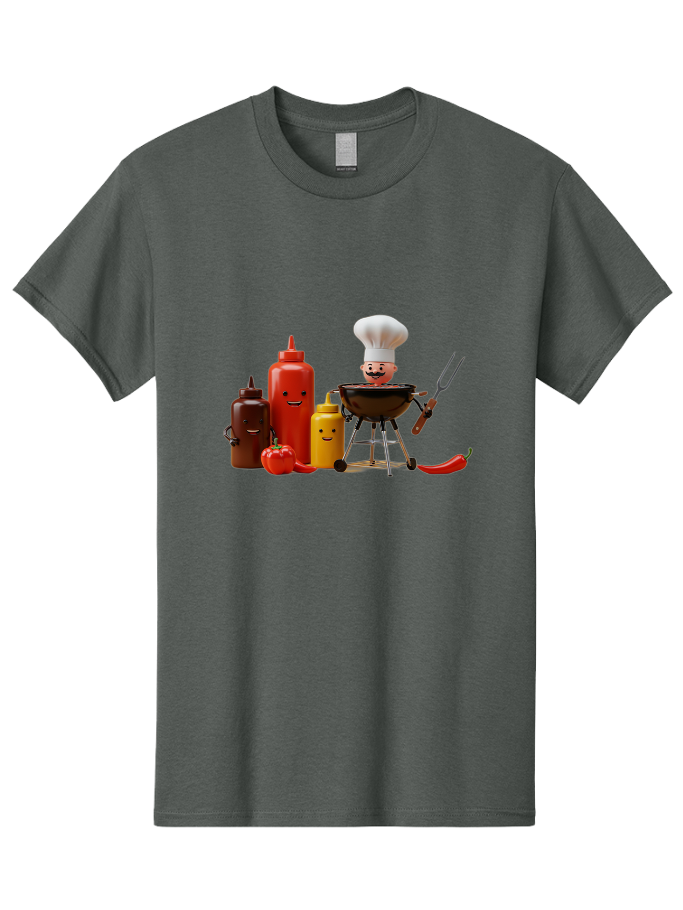 Saucy-Chef Men'S Graphic Tee, 100% Cotton, Comfortable Casual Summer Wear, Machine Washable, Fun Kitchen Utensils, Chef Cooking, Cartoon Characters, Barbecue Grill, Bbq Sauce, Hot Sauce, Mustard Bottle, Cartoon Cooking, Grilled Food, Bac397