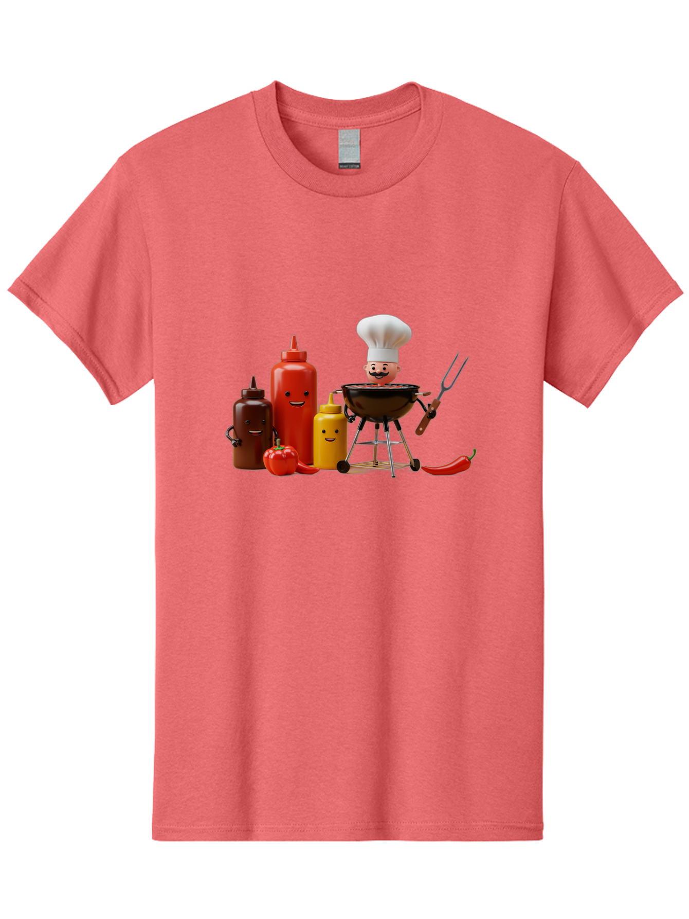 Saucy-Chef Men'S Graphic Tee, 100% Cotton, Comfortable Casual Summer Wear, Machine Washable, Fun Kitchen Utensils, Chef Cooking, Cartoon Characters, Barbecue Grill, Bbq Sauce, Hot Sauce, Mustard Bottle, Cartoon Cooking, Grilled Food, Bac397