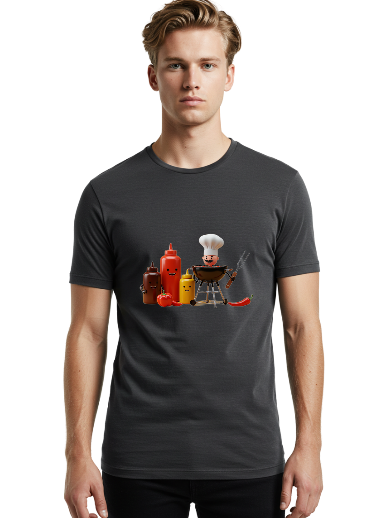 Saucy-Chef Men'S Graphic Tee, 100% Cotton, Comfortable Casual Summer Wear, Machine Washable, Fun Kitchen Utensils, Chef Cooking, Cartoon Characters, Barbecue Grill, Bbq Sauce, Hot Sauce, Mustard Bottle, Cartoon Cooking, Grilled Food, Bac397