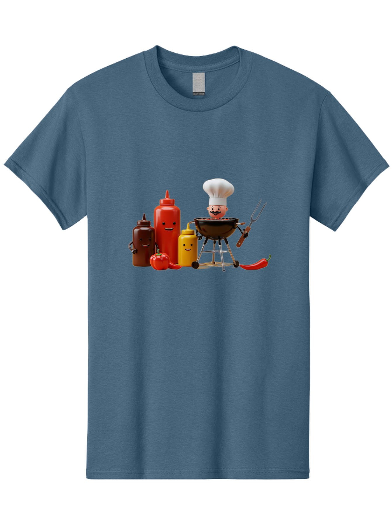 Saucy-Chef Men'S Graphic Tee, 100% Cotton, Comfortable Casual Summer Wear, Machine Washable, Fun Kitchen Utensils, Chef Cooking, Cartoon Characters, Barbecue Grill, Bbq Sauce, Hot Sauce, Mustard Bottle, Cartoon Cooking, Grilled Food, Bac397