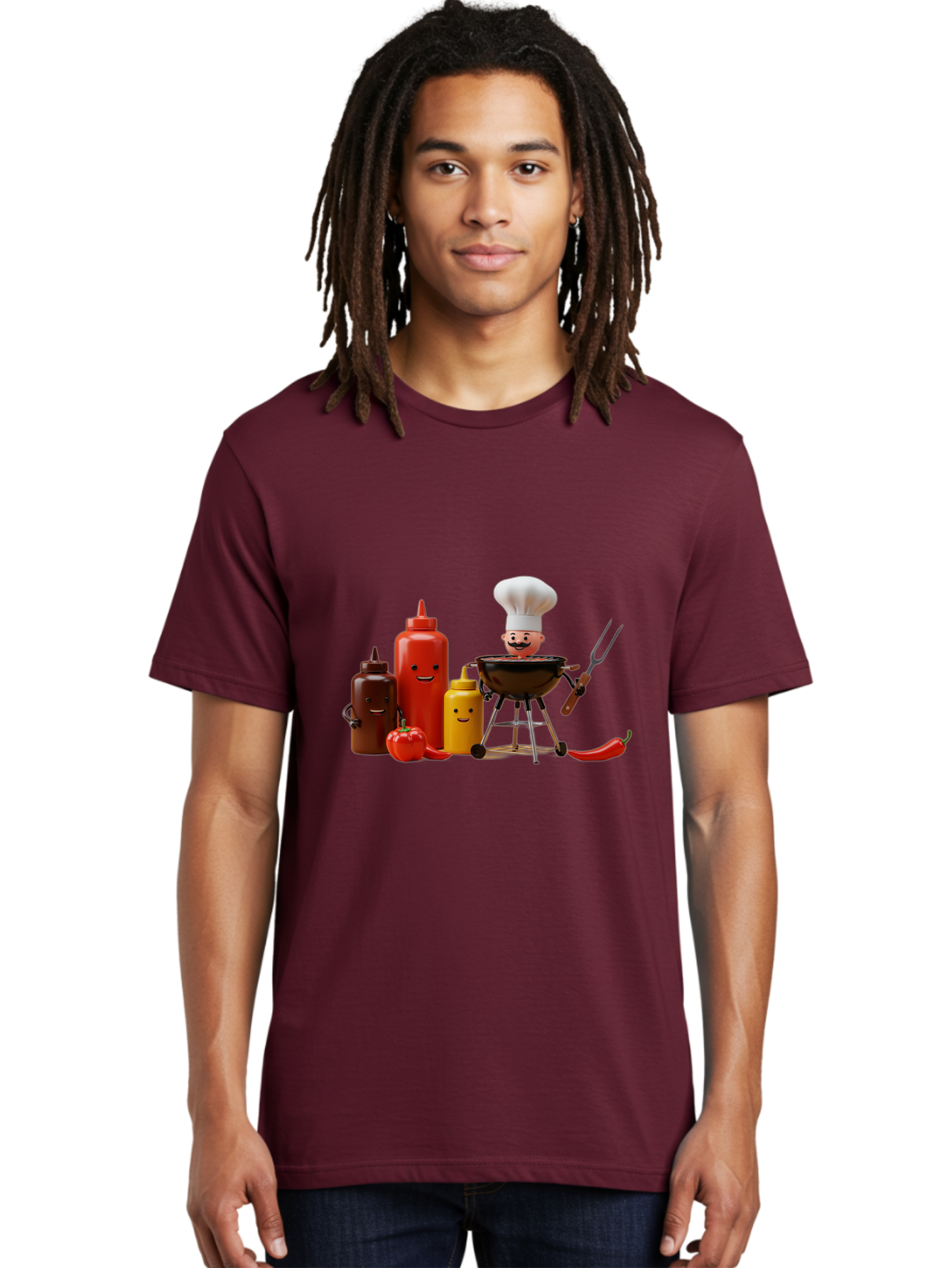 Saucy-Chef Men'S Graphic Tee, 100% Cotton, Comfortable Casual Summer Wear, Machine Washable, Fun Kitchen Utensils, Chef Cooking, Cartoon Characters, Barbecue Grill, Bbq Sauce, Hot Sauce, Mustard Bottle, Cartoon Cooking, Grilled Food, Bac397