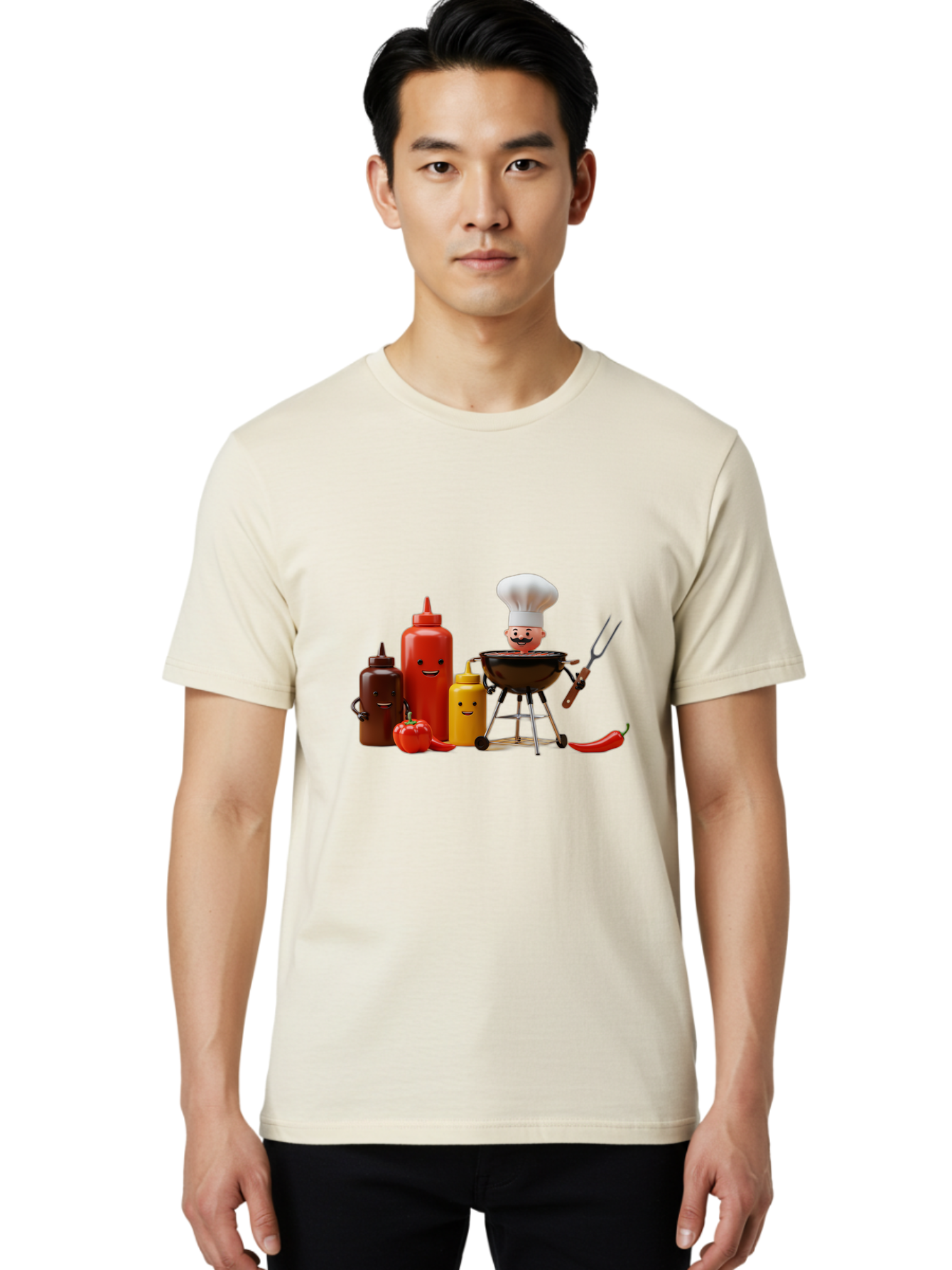 Saucy-Chef Men'S Graphic Tee, 100% Cotton, Comfortable Casual Summer Wear, Machine Washable, Fun Kitchen Utensils, Chef Cooking, Cartoon Characters, Barbecue Grill, Bbq Sauce, Hot Sauce, Mustard Bottle, Cartoon Cooking, Grilled Food, Bac397