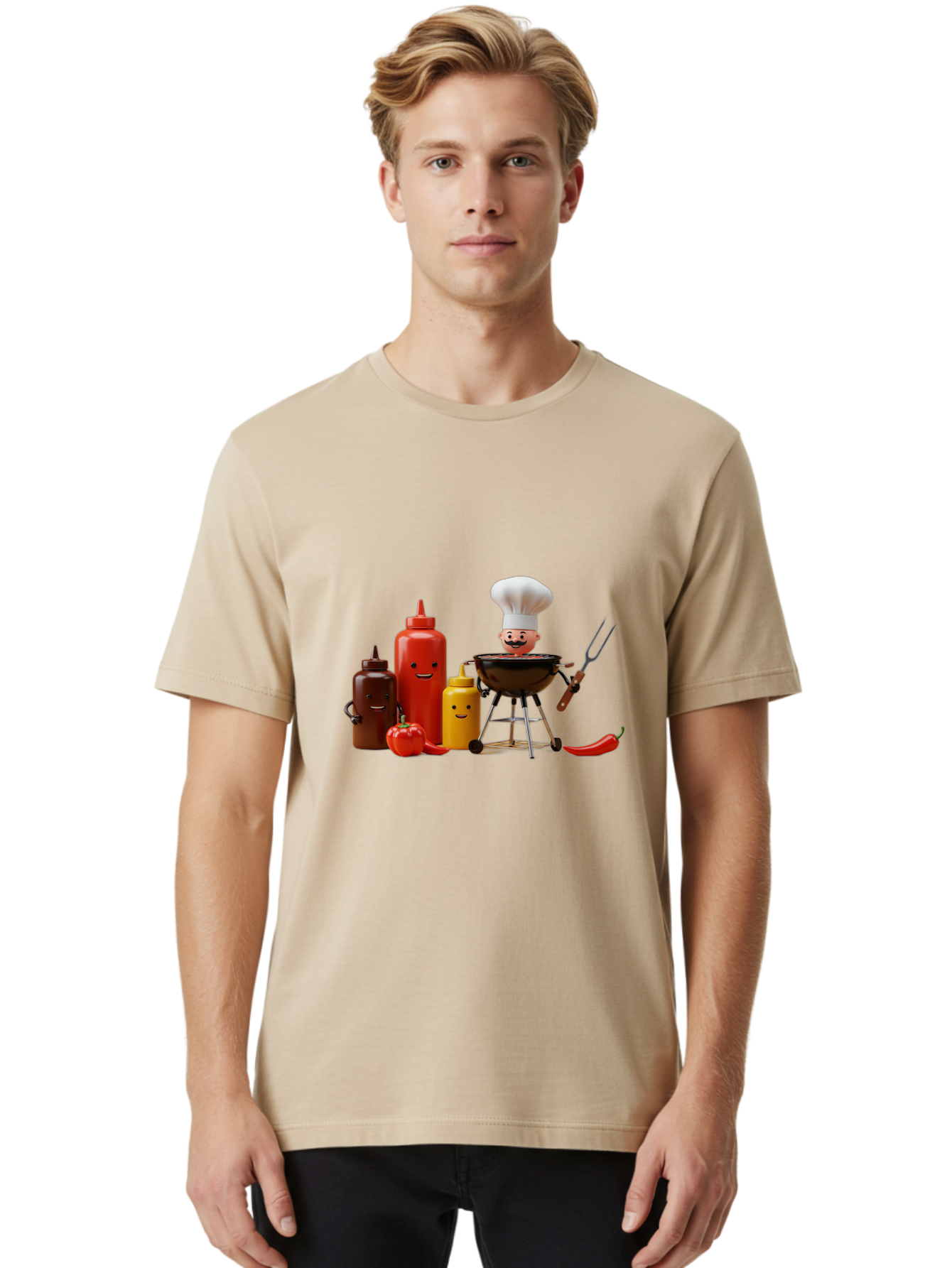 Saucy-Chef Men'S Graphic Tee, 100% Cotton, Comfortable Casual Summer Wear, Machine Washable, Fun Kitchen Utensils, Chef Cooking, Cartoon Characters, Barbecue Grill, Bbq Sauce, Hot Sauce, Mustard Bottle, Cartoon Cooking, Grilled Food, Bac397