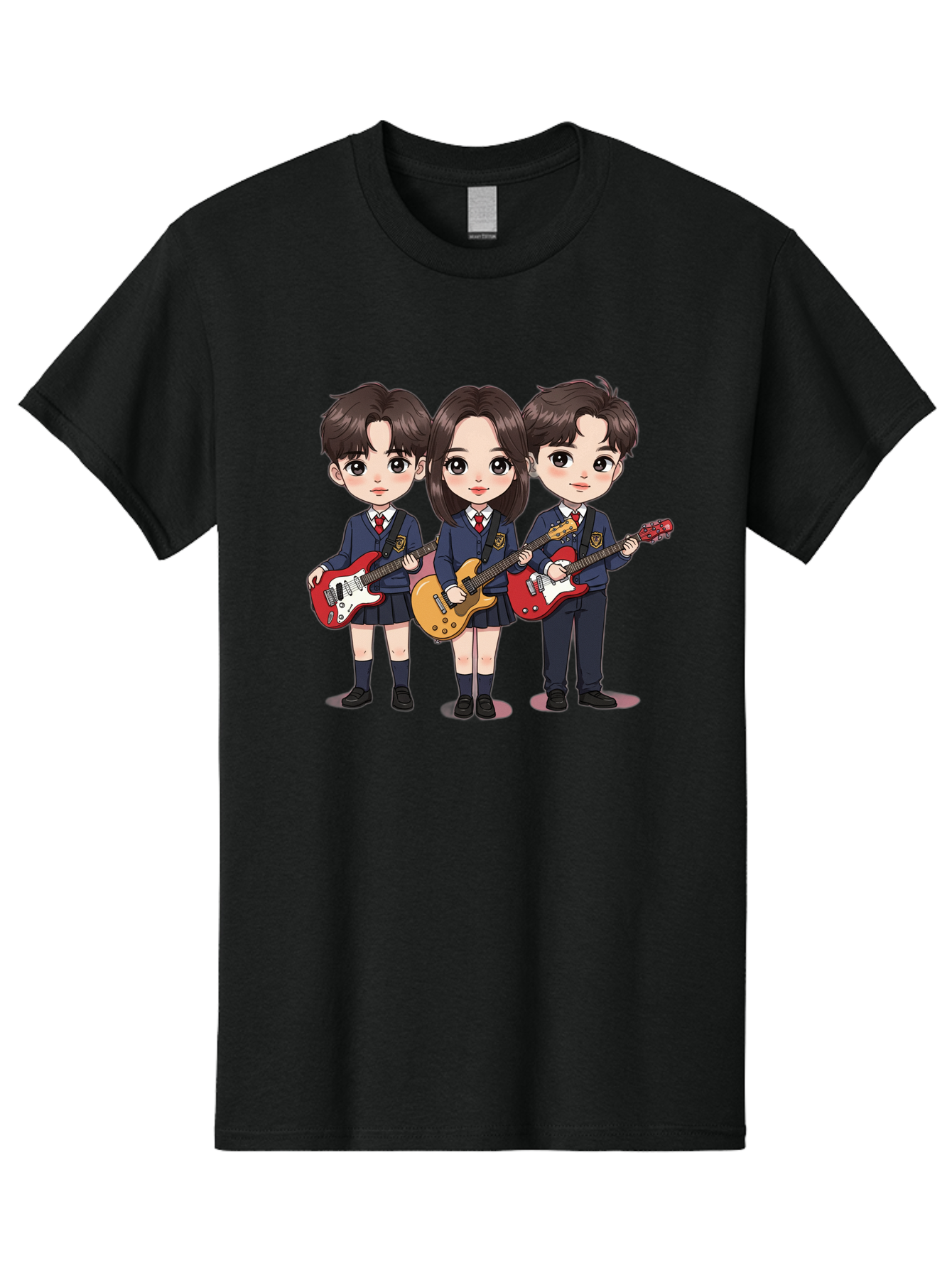 School-Kids-Band Men'S Graphic Tee, 100% Cotton, Comfortable Casual Summer Wear, Machine Washable, School Kids Playing Guitars, Cartoon Characters, School Uniforms, Music Enthusiasts, Youth Culture, Guitar Riffs, Playful Scene, Student Band Bac399