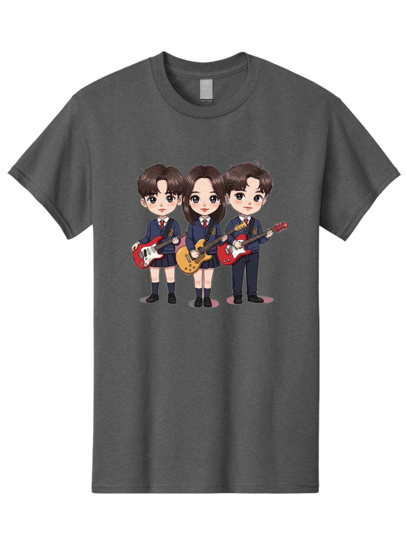 School-Kids-Band Men'S Graphic Tee, 100% Cotton, Comfortable Casual Summer Wear, Machine Washable, School Kids Playing Guitars, Cartoon Characters, School Uniforms, Music Enthusiasts, Youth Culture, Guitar Riffs, Playful Scene, Student Band Bac399