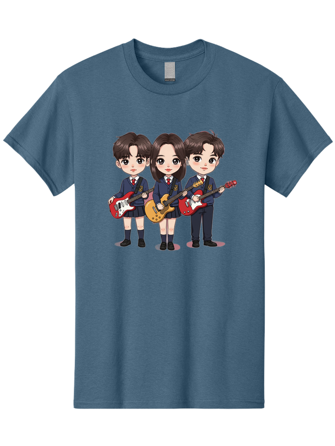 School-Kids-Band Men'S Graphic Tee, 100% Cotton, Comfortable Casual Summer Wear, Machine Washable, School Kids Playing Guitars, Cartoon Characters, School Uniforms, Music Enthusiasts, Youth Culture, Guitar Riffs, Playful Scene, Student Band Bac399