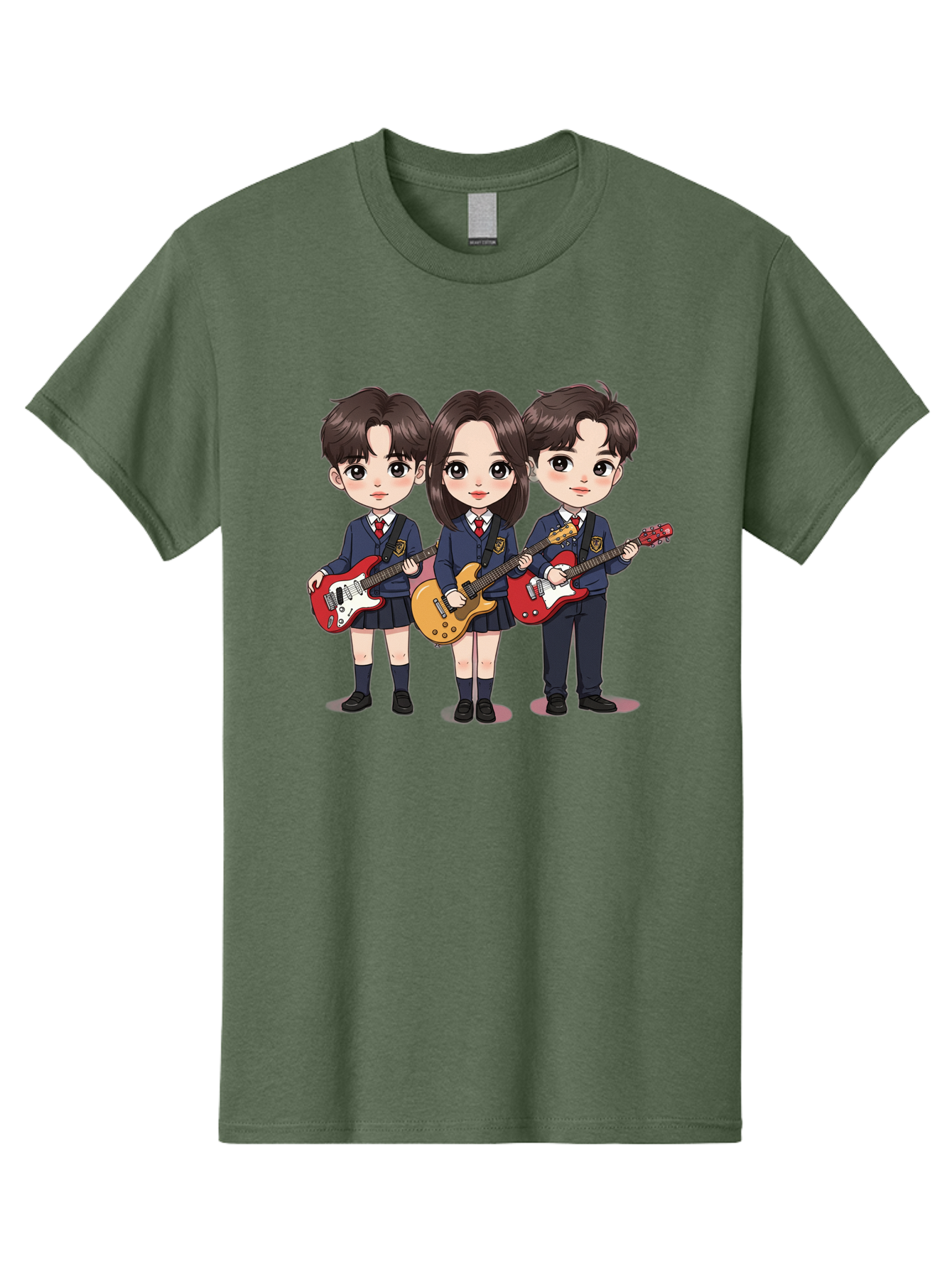 School-Kids-Band Men'S Graphic Tee, 100% Cotton, Comfortable Casual Summer Wear, Machine Washable, School Kids Playing Guitars, Cartoon Characters, School Uniforms, Music Enthusiasts, Youth Culture, Guitar Riffs, Playful Scene, Student Band Bac399