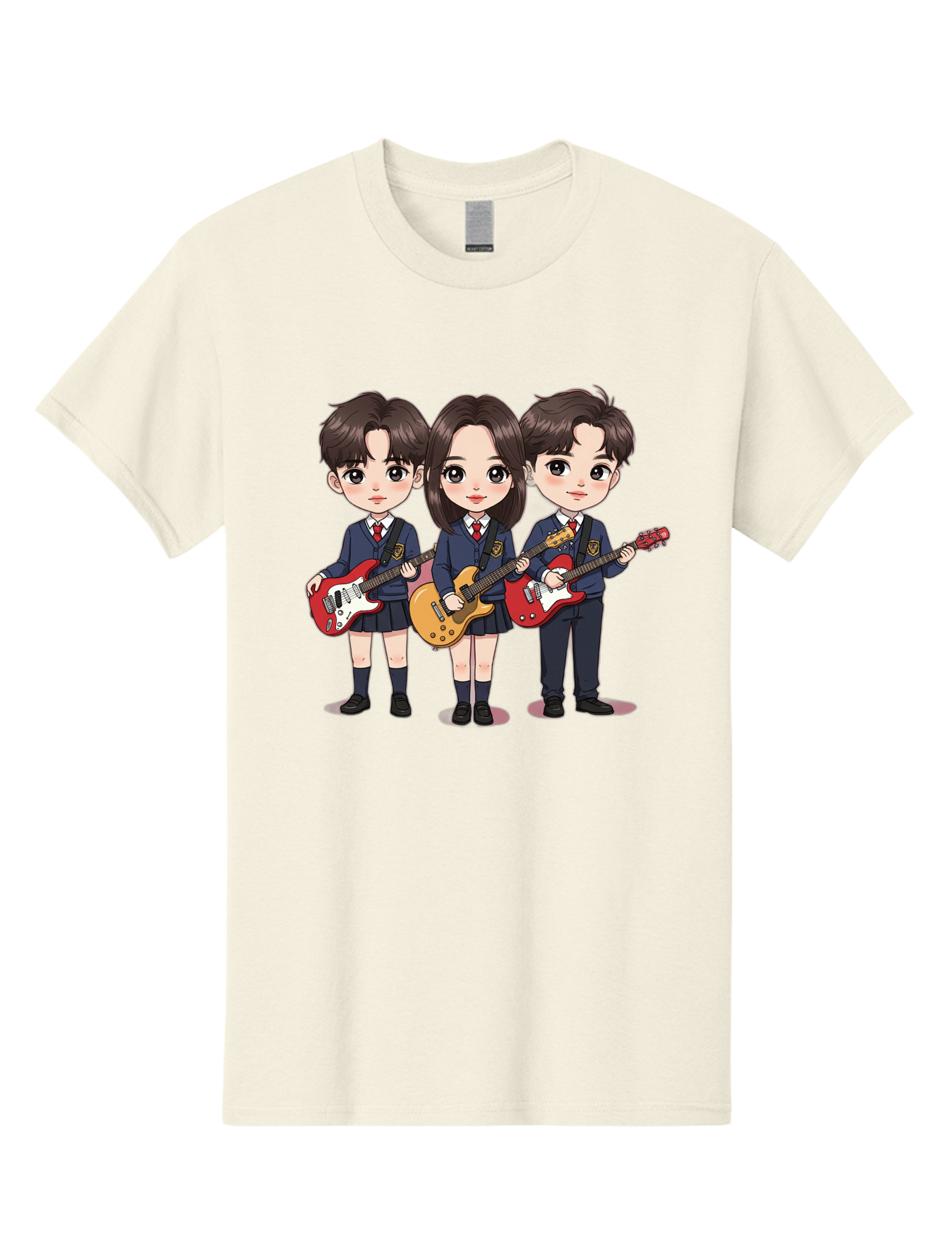 School-Kids-Band Men'S Graphic Tee, 100% Cotton, Comfortable Casual Summer Wear, Machine Washable, School Kids Playing Guitars, Cartoon Characters, School Uniforms, Music Enthusiasts, Youth Culture, Guitar Riffs, Playful Scene, Student Band Bac399